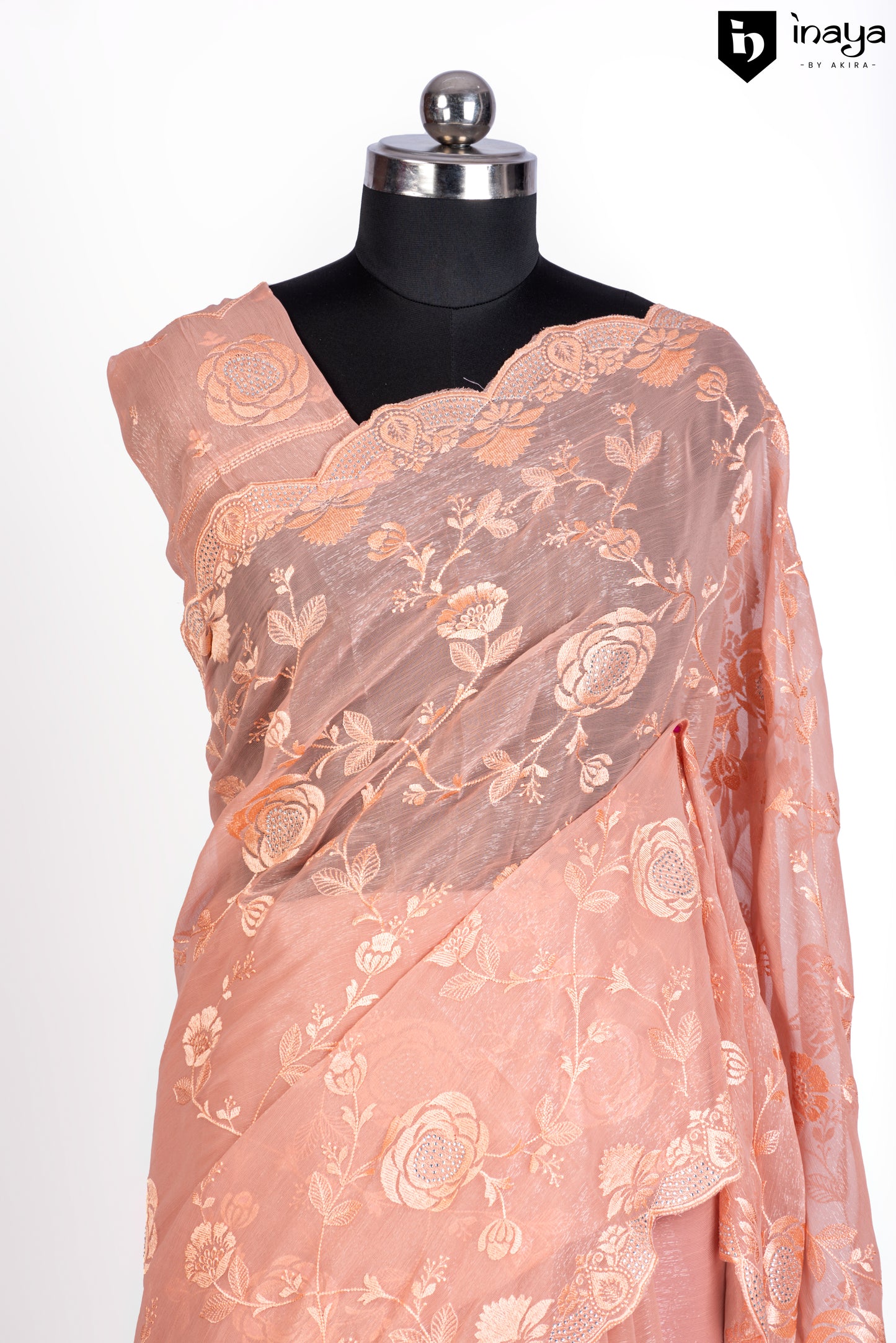 Peach Blossom Chiffon Saree with Golden Embroidery