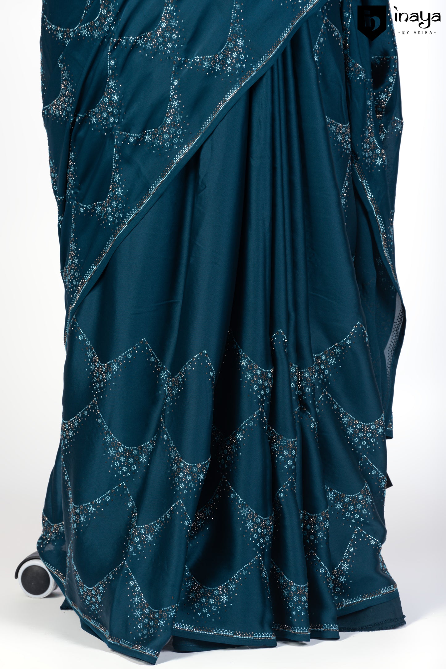 Teal Blue Enigma Satin Crepe Saree with Crystal Embellishments