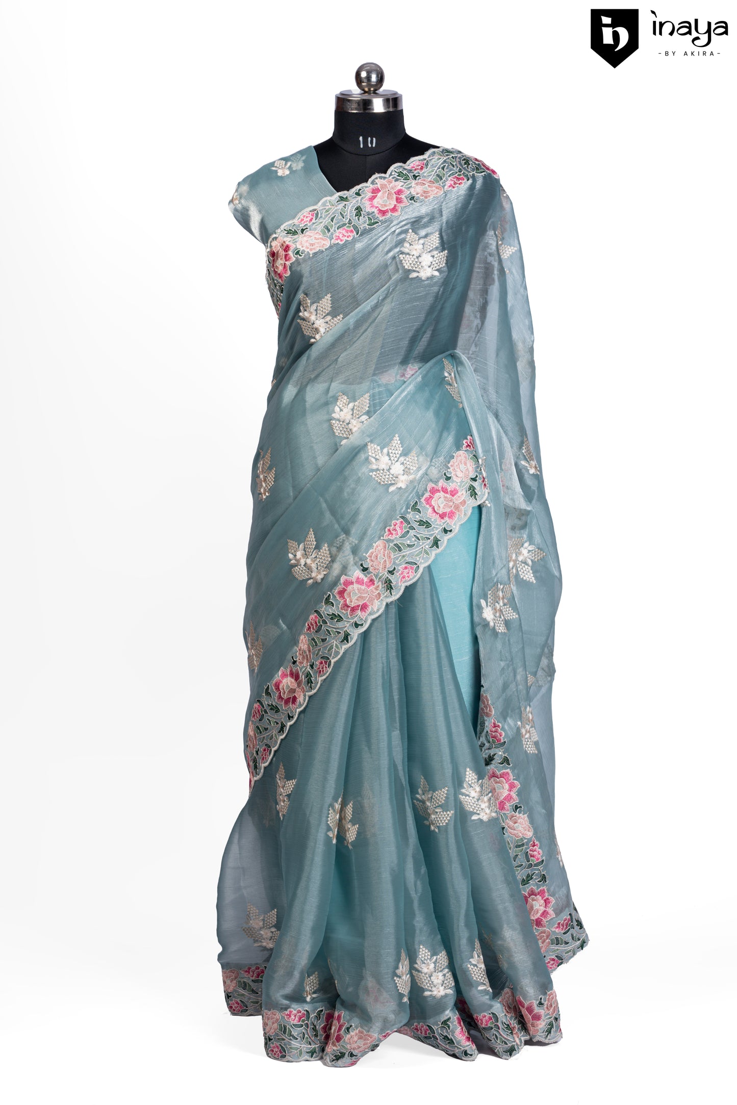 Ethereal Aqua Organza Saree with Floral Embroidery