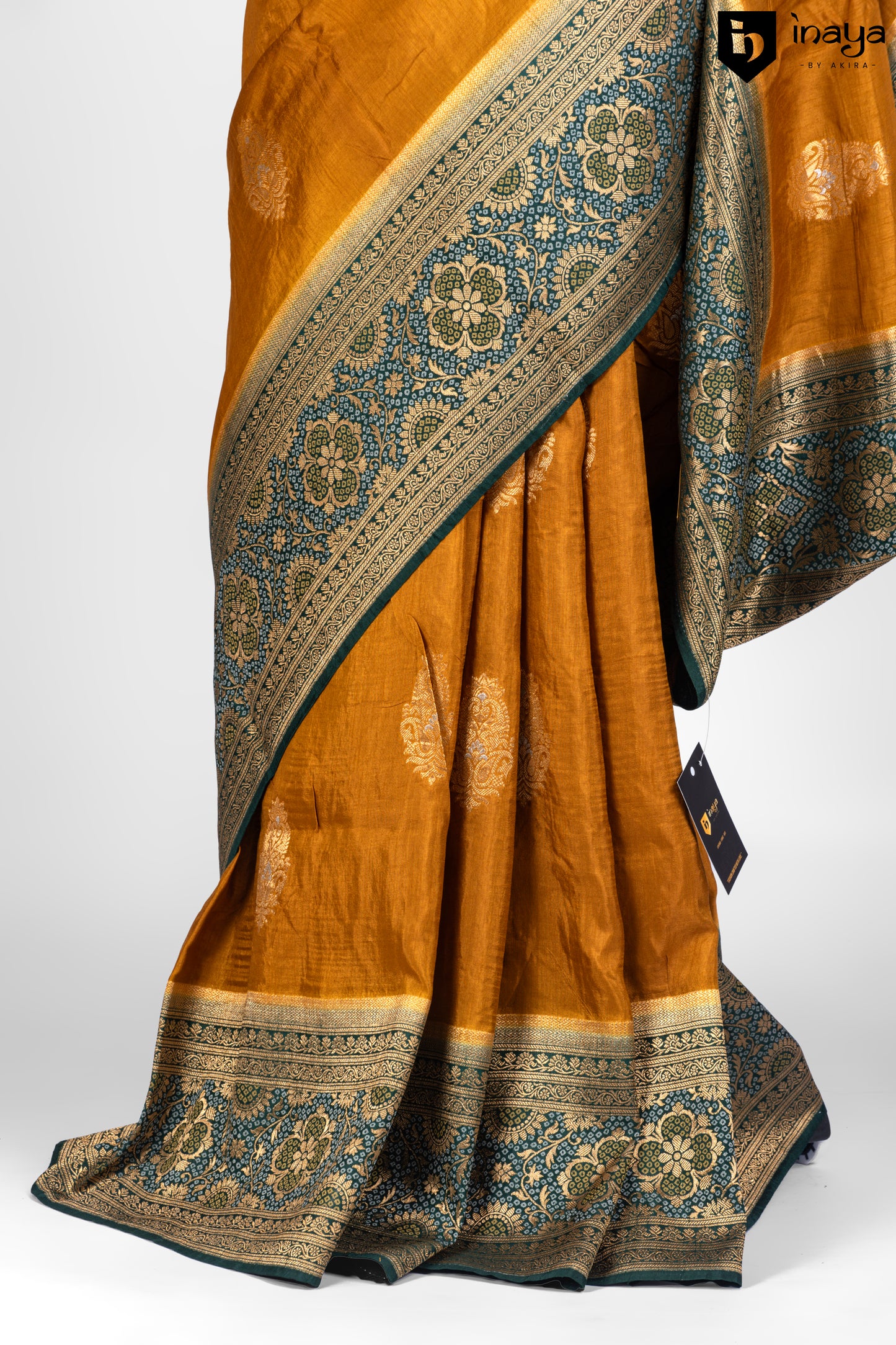 Golden Mustard Banarasi Silk Saree with Teal Embellishments