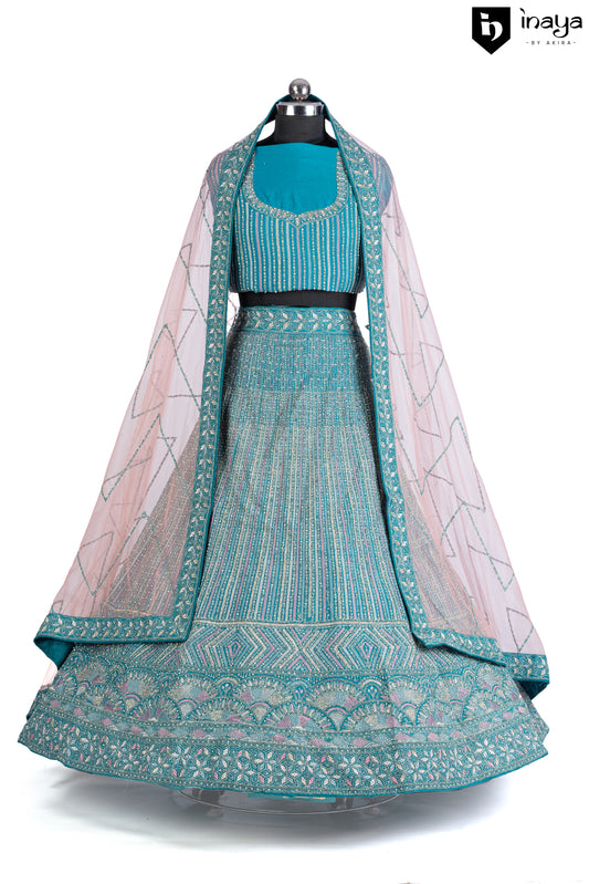 Turquoise Twilight: Turquoise Georgette Semi-Stitched Lehenga with Luminous Embroidery