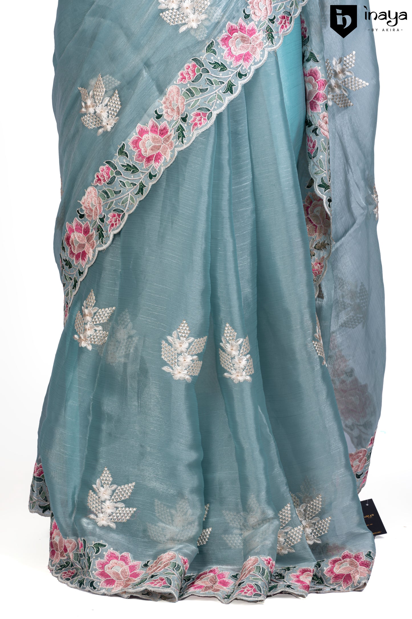 Aqua Serenity Organza Saree with Floral Embroidery