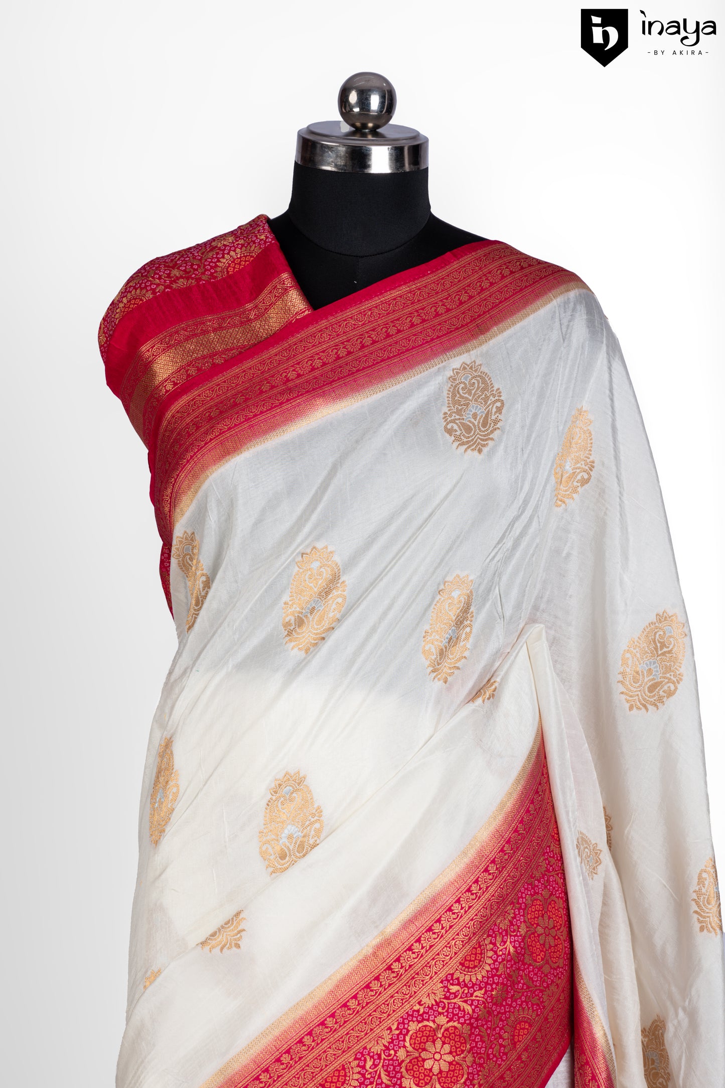 Ivory Grace Banarasi Silk Saree with Crimson Borders