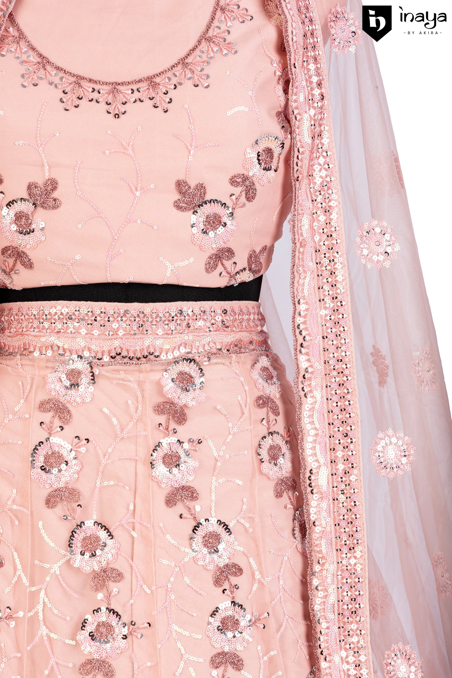 Peach Perfection: Peach Netted Fabric Semi-Stitched Lehenga with Sequin Flourishes