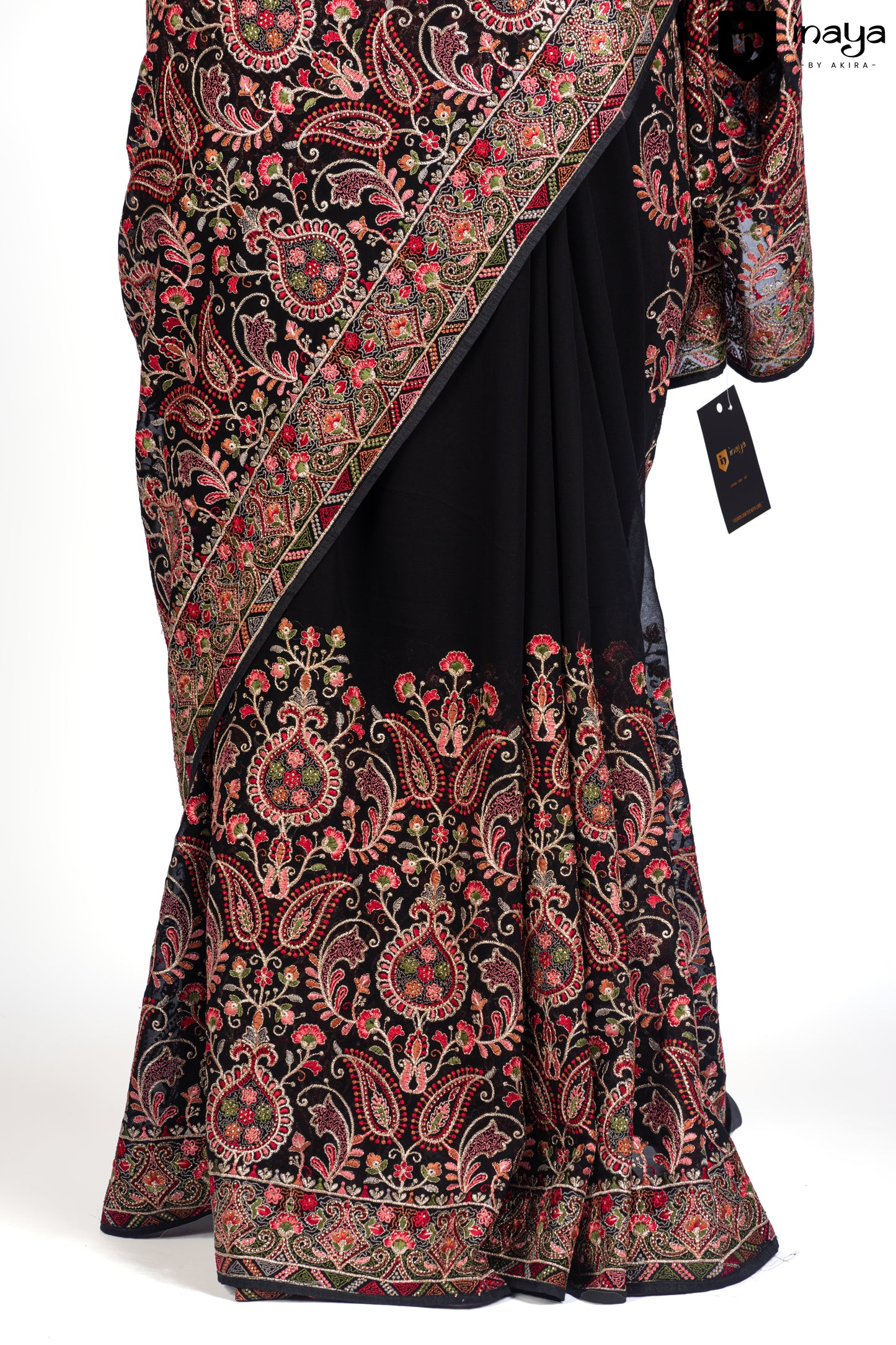 Elegant Black Georgette Saree with Traditional Print