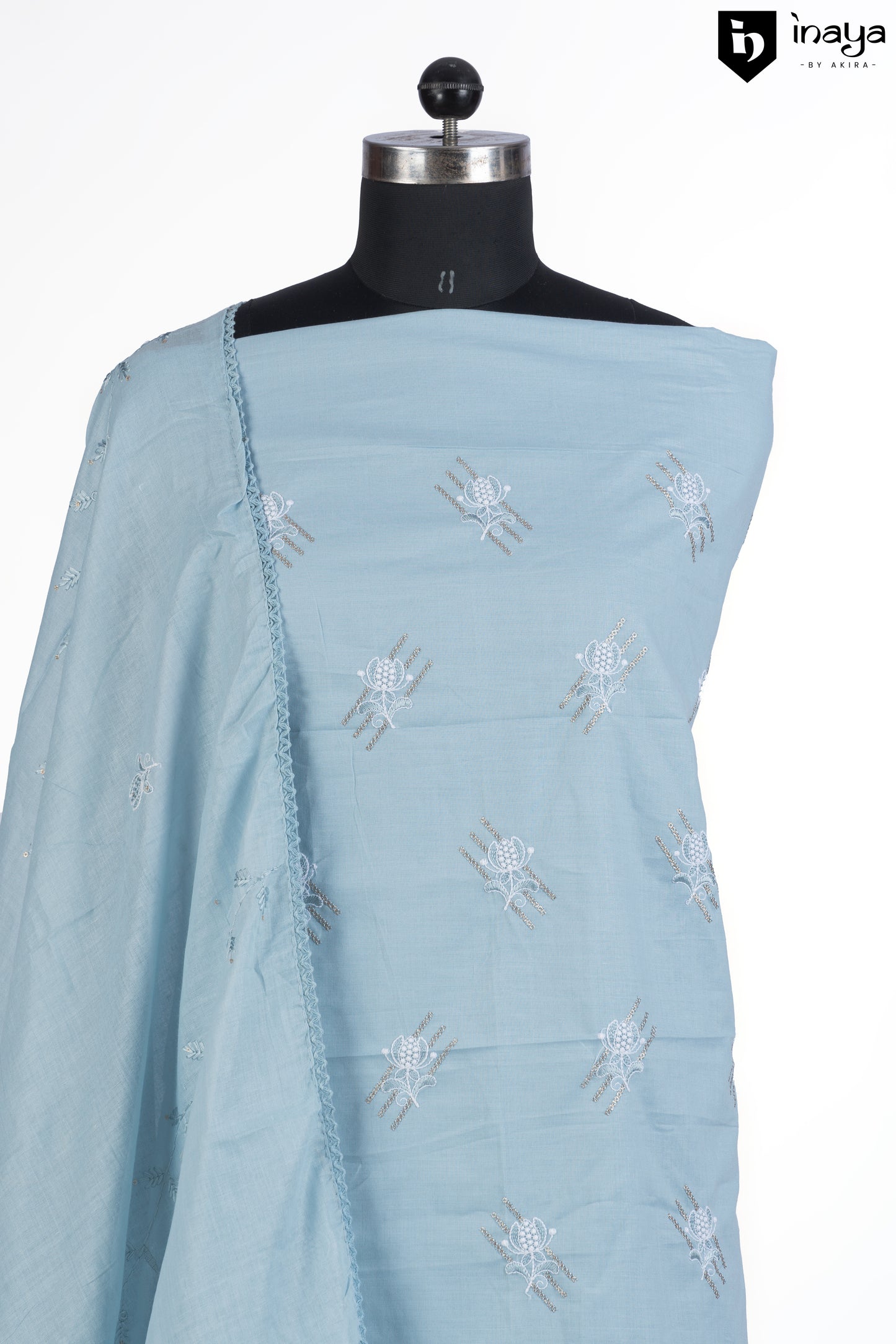 Sky Blue Serenity Cotton Suit with Delicate Embroidery