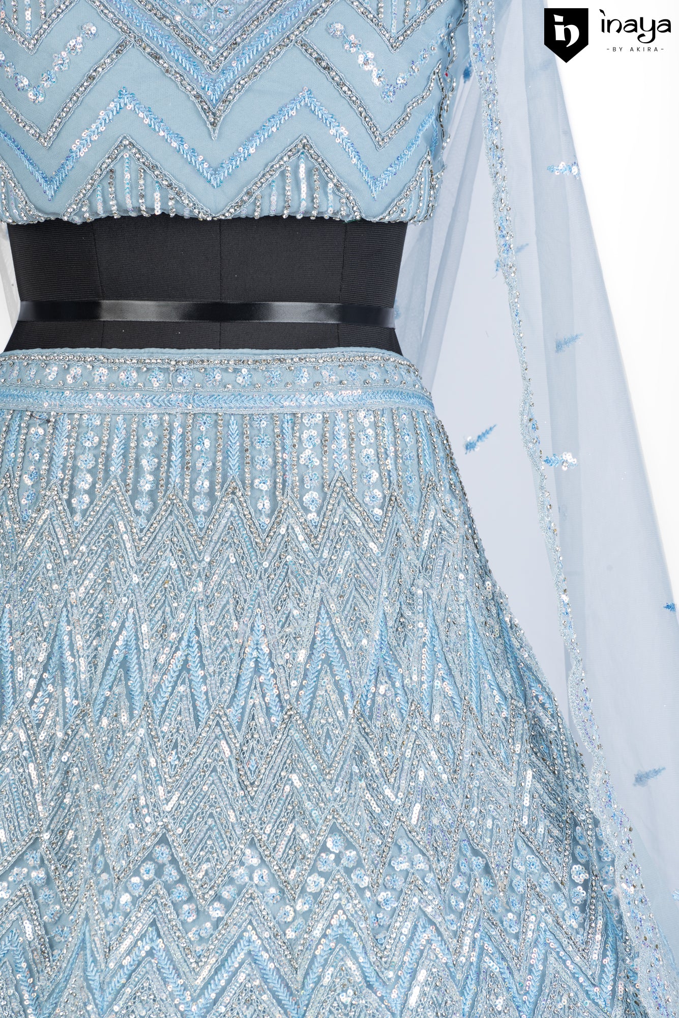 Icy Elegance: Ice Blue Net Semi-Stitched Lehenga with Crystal Embellishments