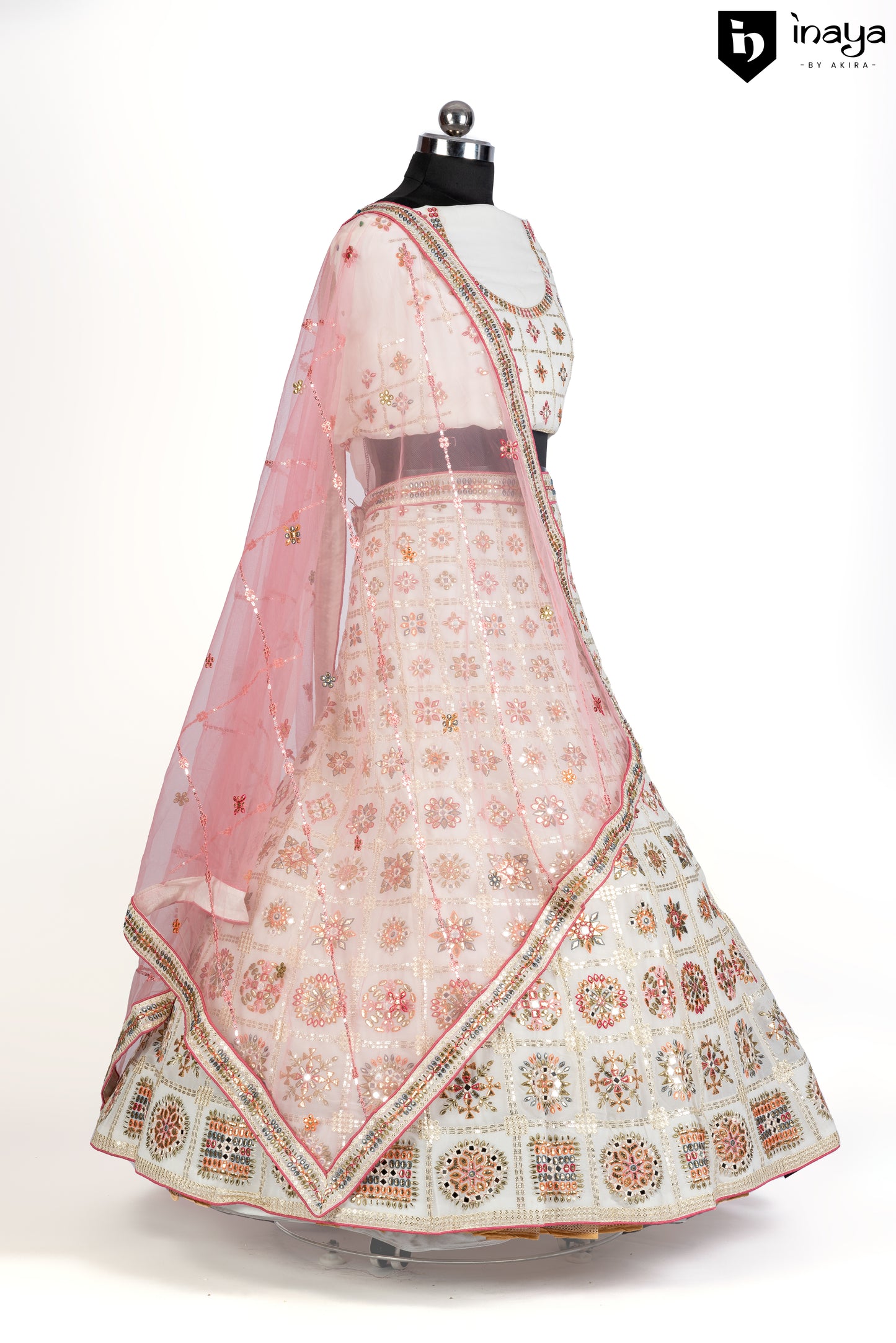 Vintage Charm: Ivory and Blush Pink Georgette Semi-Stitched Lehenga