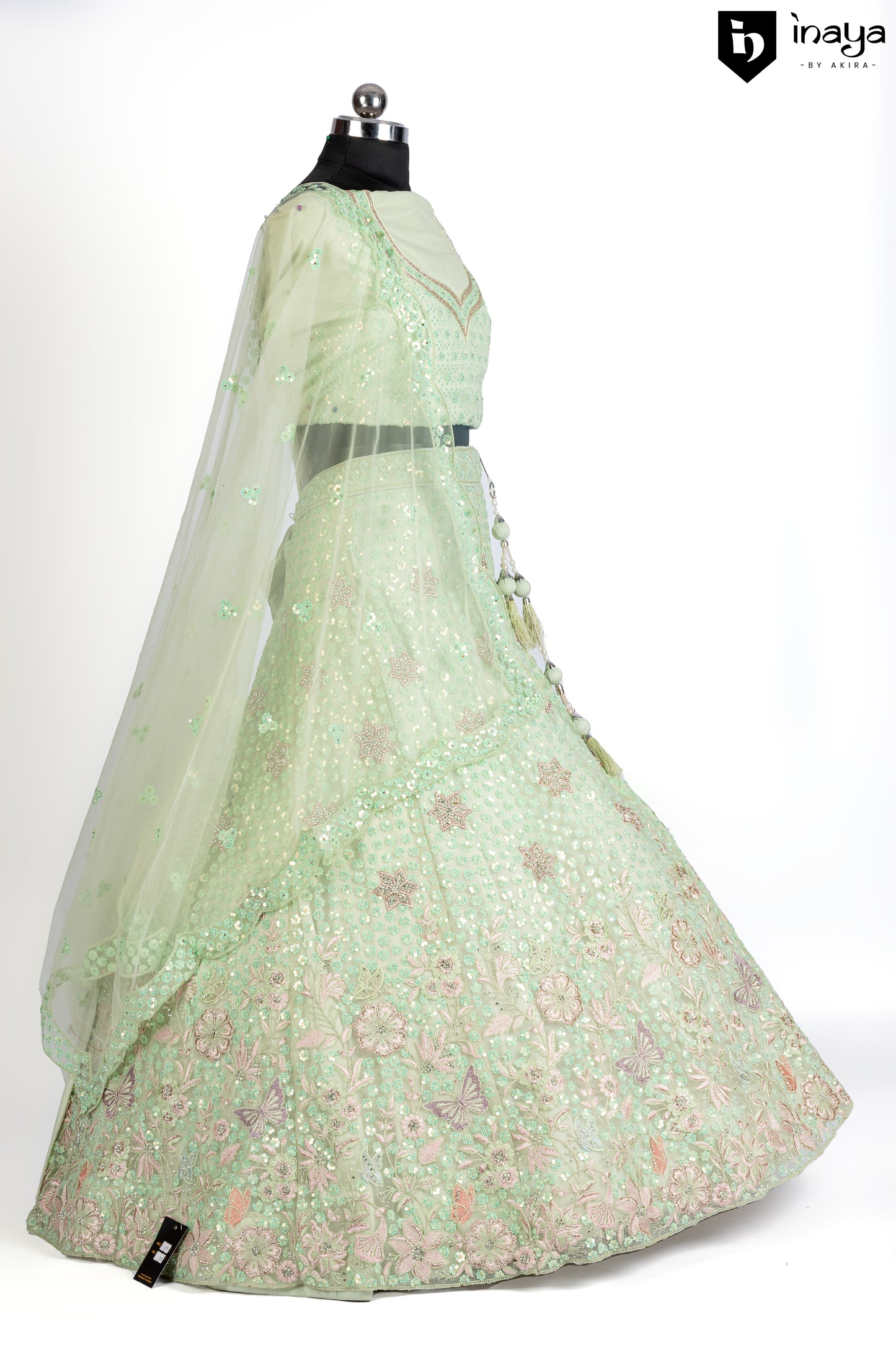 Mint Green Crepe Silk Semi-Stitched Lehenga with Tassel-Detailed Dupatta