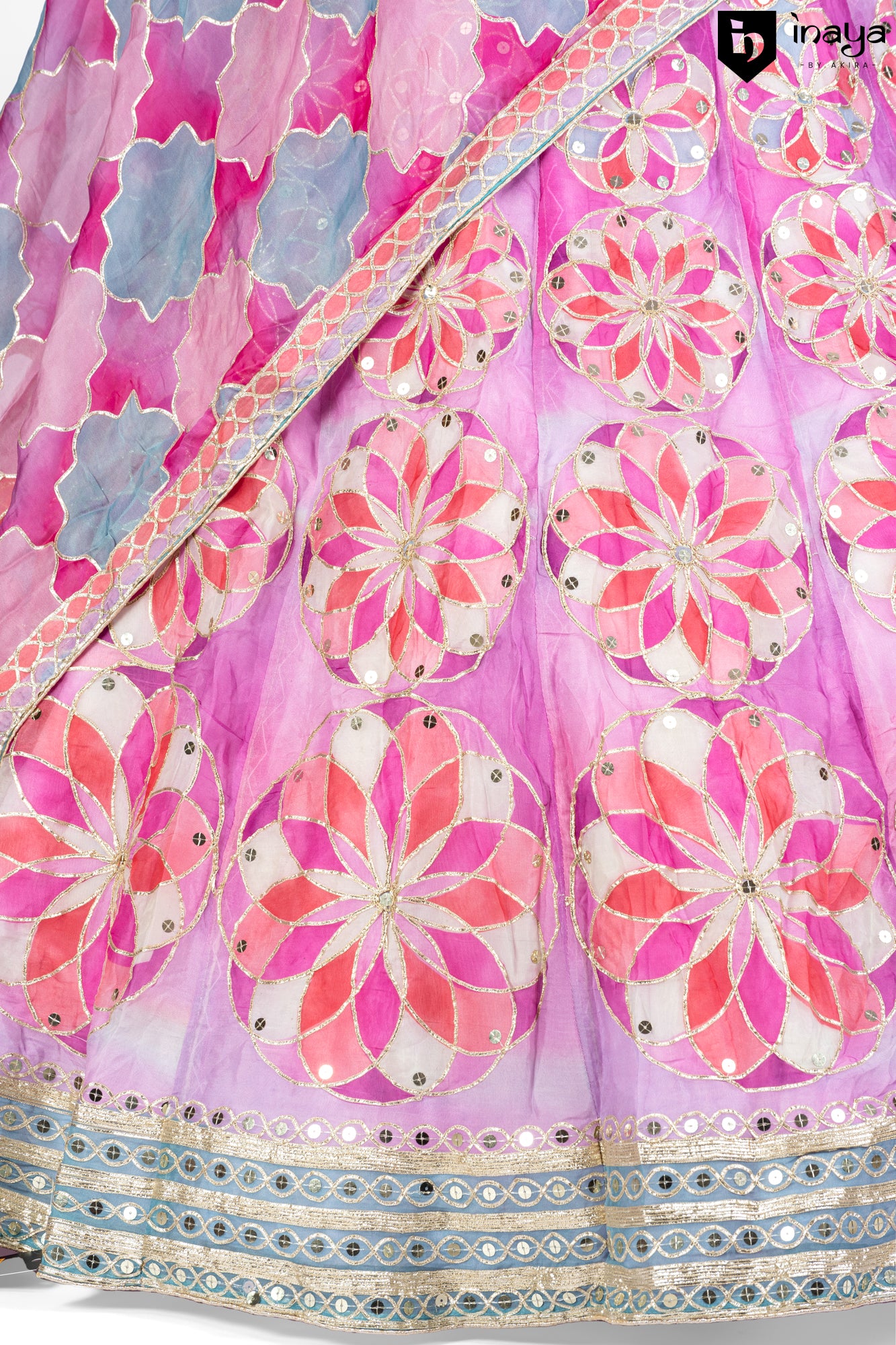 Floral Fiesta: Pink Organza Semi-Stitched Lehenga with Hand-Painted Flowers