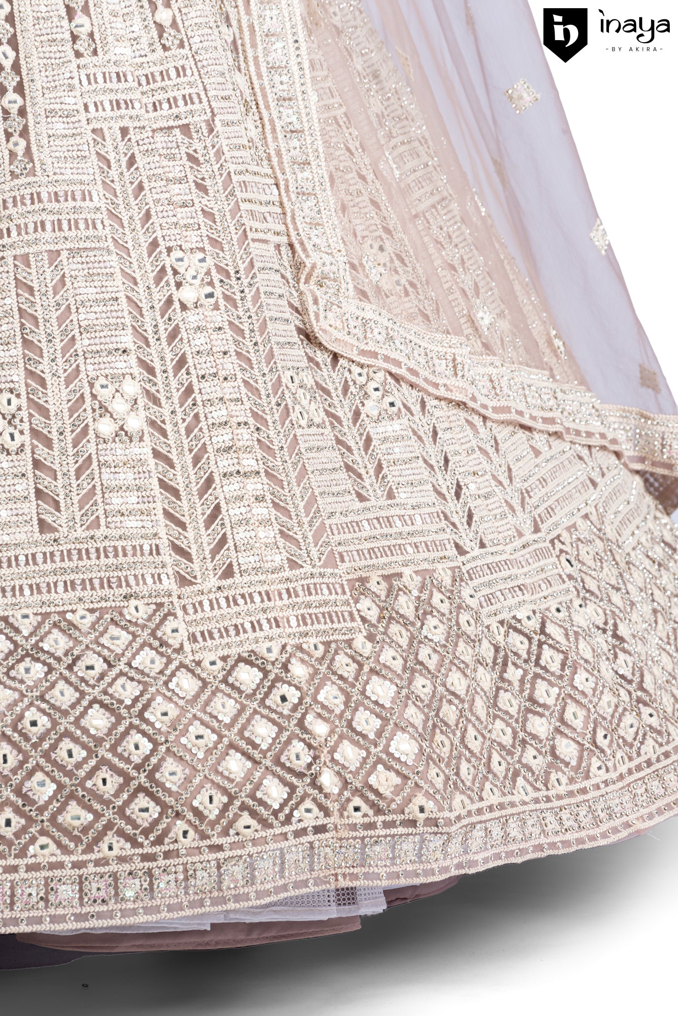 Golden Taupe Treasure: Taupe Net Semi-Stitched Lehenga with Golden Embroidery