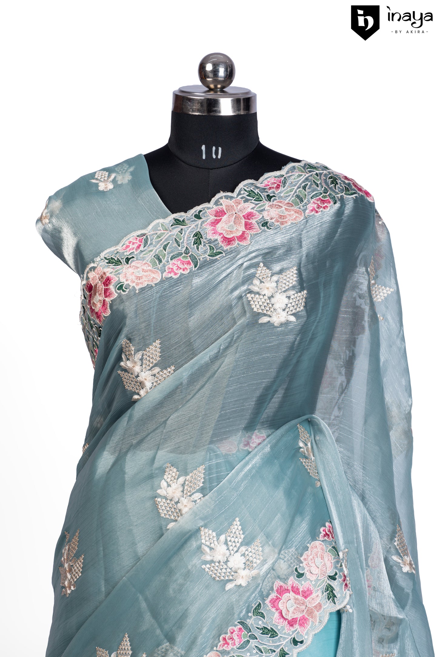 Ethereal Aqua Organza Saree with Floral Embroidery