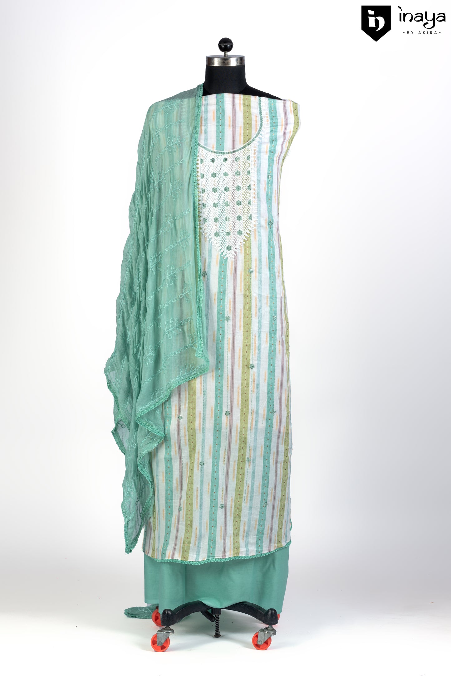 Mint Medley Cotton Suit Set with Striped Dupatta