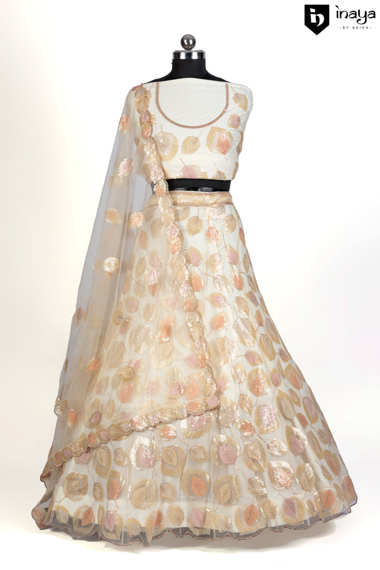 Champagne Elegance Semi-Stitched Lehenga with Floral Embroidery