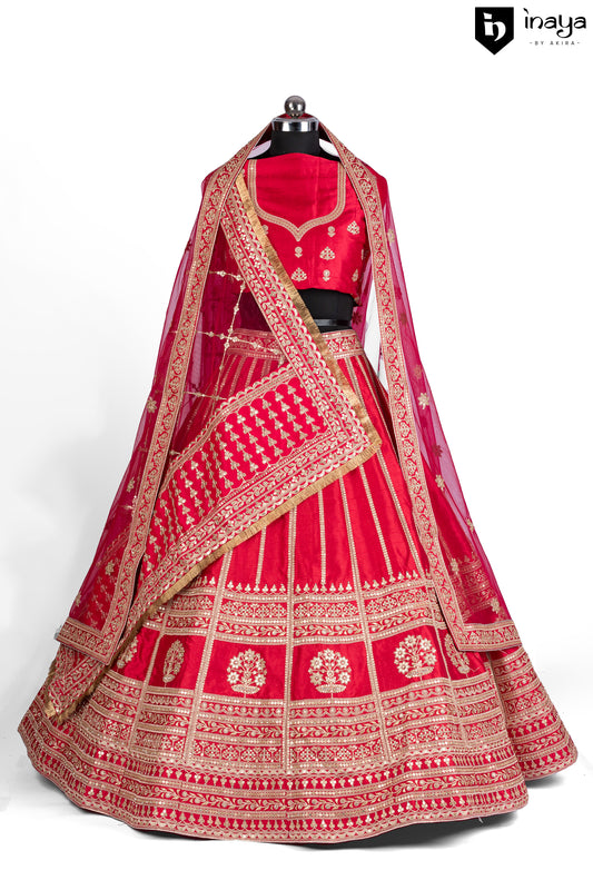 Crimson Tradition: Rich Red Raw Silk Semi-Stitched Bridal Lehenga with Classic Embroidery