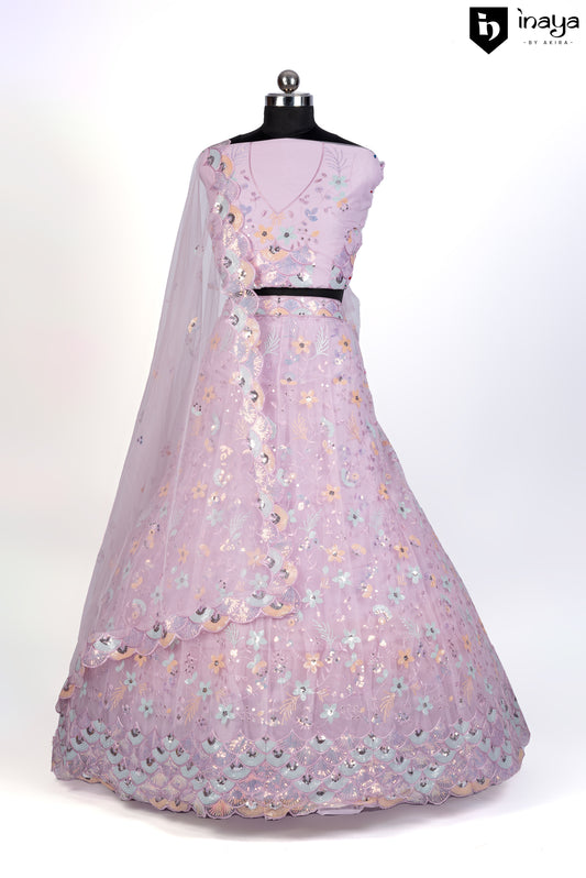 Lavender Dream Semi-Stitched Lehenga with Floral Embellishments