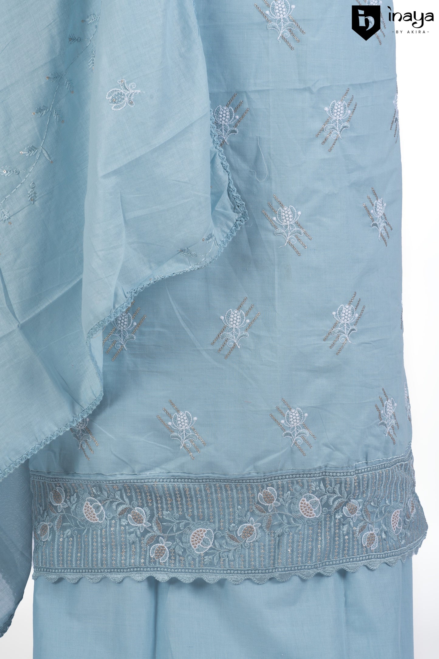 Sky Blue Serenity Cotton Suit with Delicate Embroidery