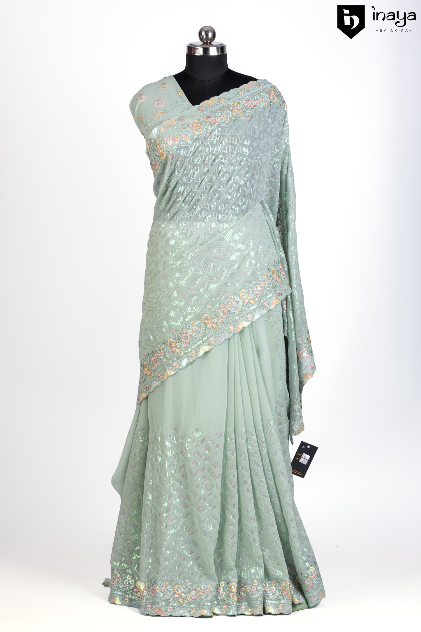 Mint Mirage Georgette Saree with Floral Embellishments