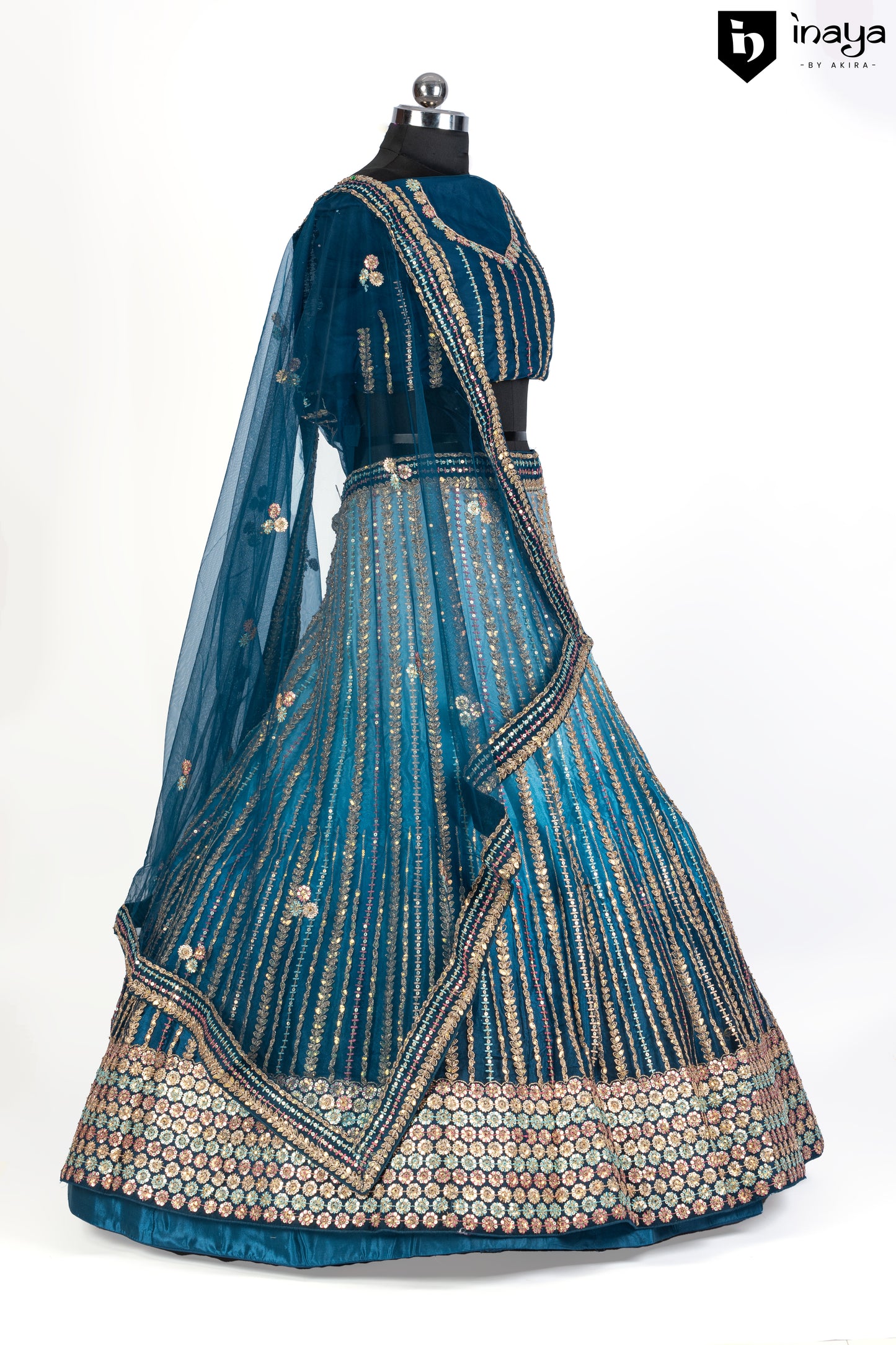 Blue Semi-Stitched Lehenga with Metallic Accents