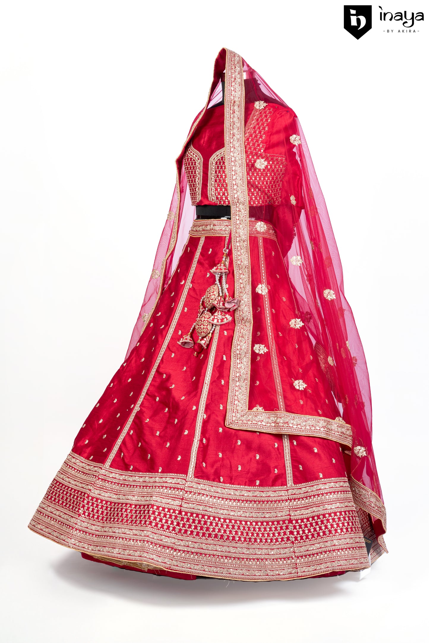 Majestic Silk Elegance: Ruby Red Silk Semi-Stitched Bridal Lehenga with Pure Net Dupatta