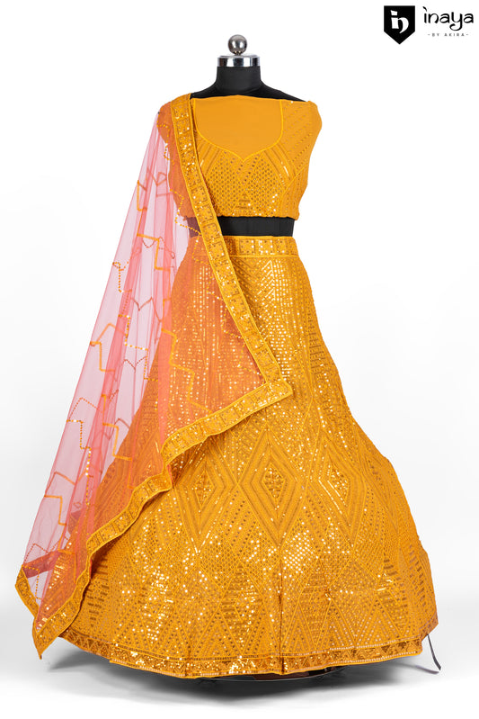 Golden Radiance Jacquard Semi-Stitched Lehenga with Pink Accents