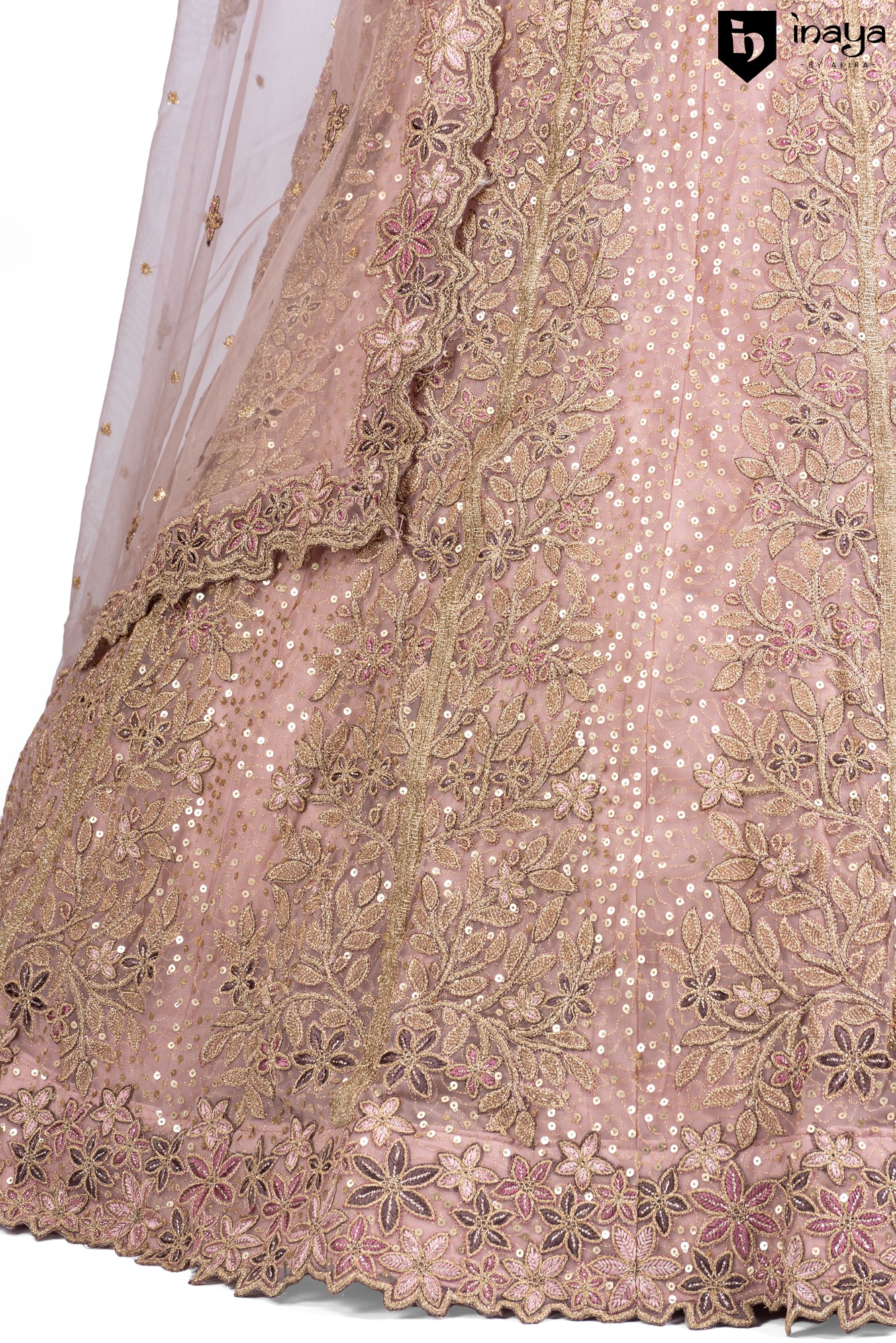 Blush of Dawn: Blush Pink Net Semi-Stitched Bridal Lehenga with Golden Embroidery