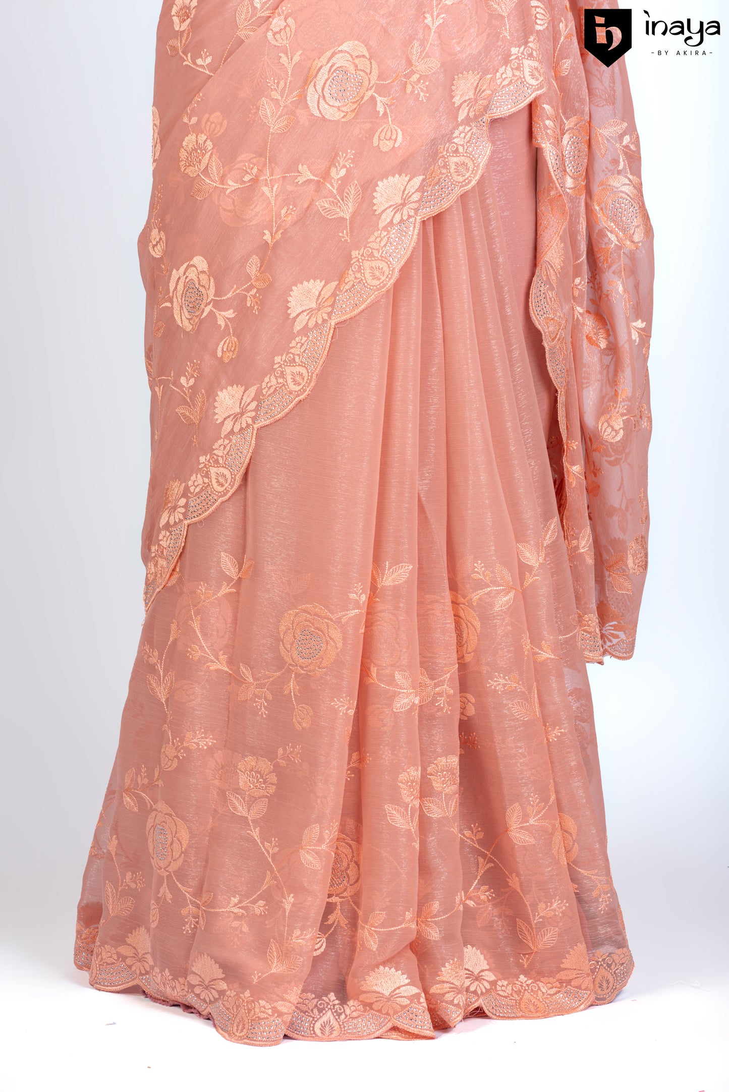 Peach Blossom Chiffon Saree with Golden Embroidery