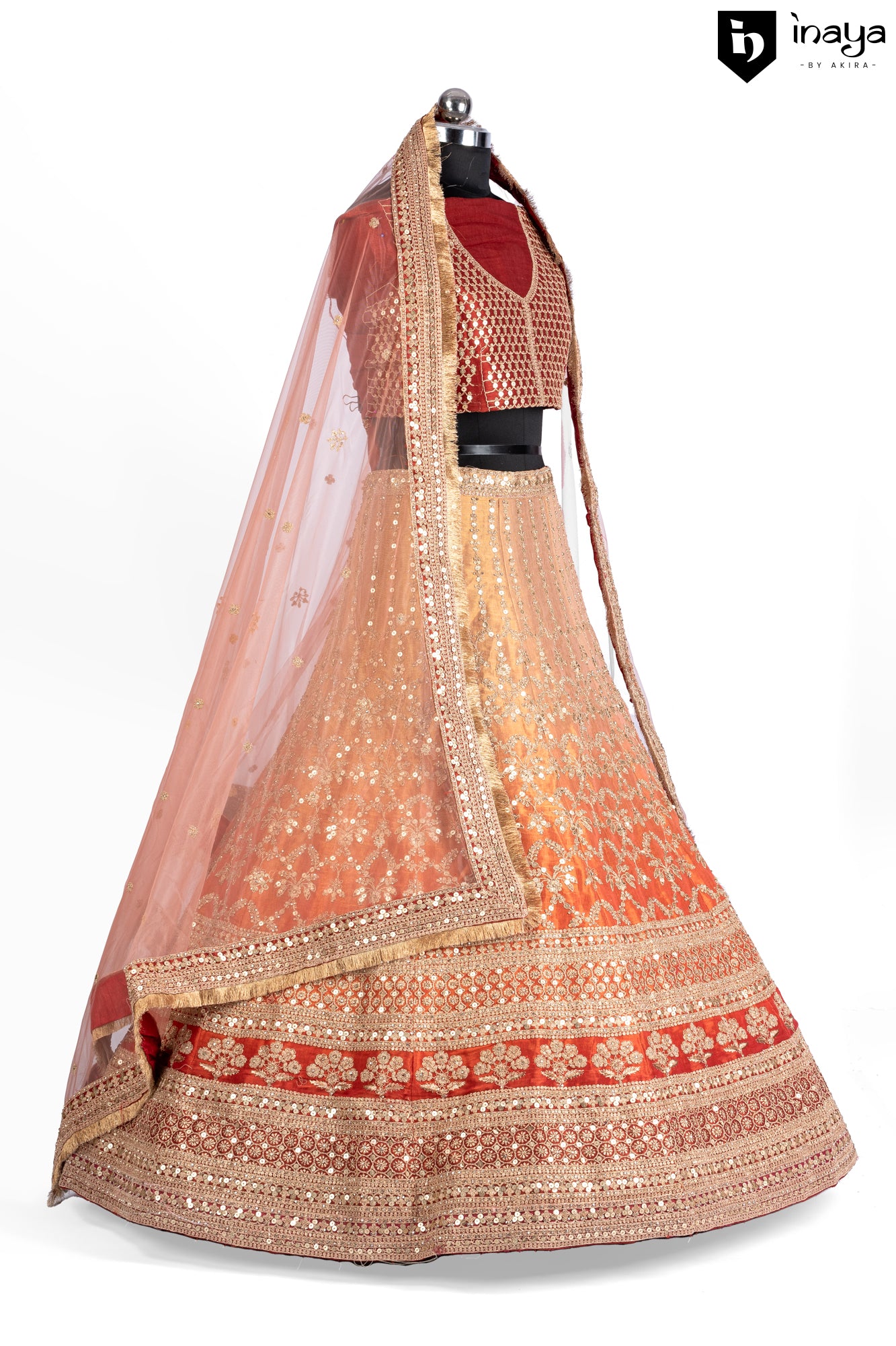 Mocha and Ice: Mocha Raw Silk Semi-Stitched Bridal Lehenga with Ice Orange Dupatta