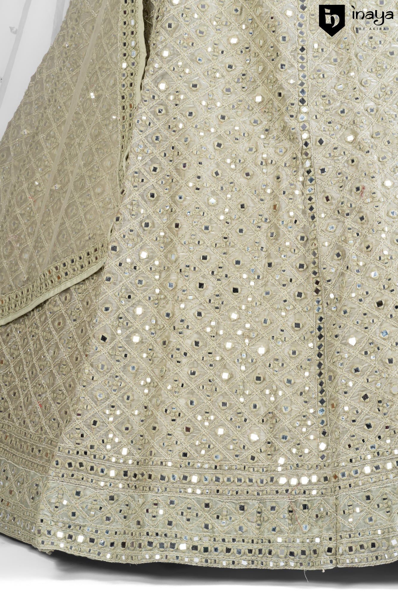 Glistening Beige Elegance: Beige Net Semi-Stitched Lehenga with Mirror Work