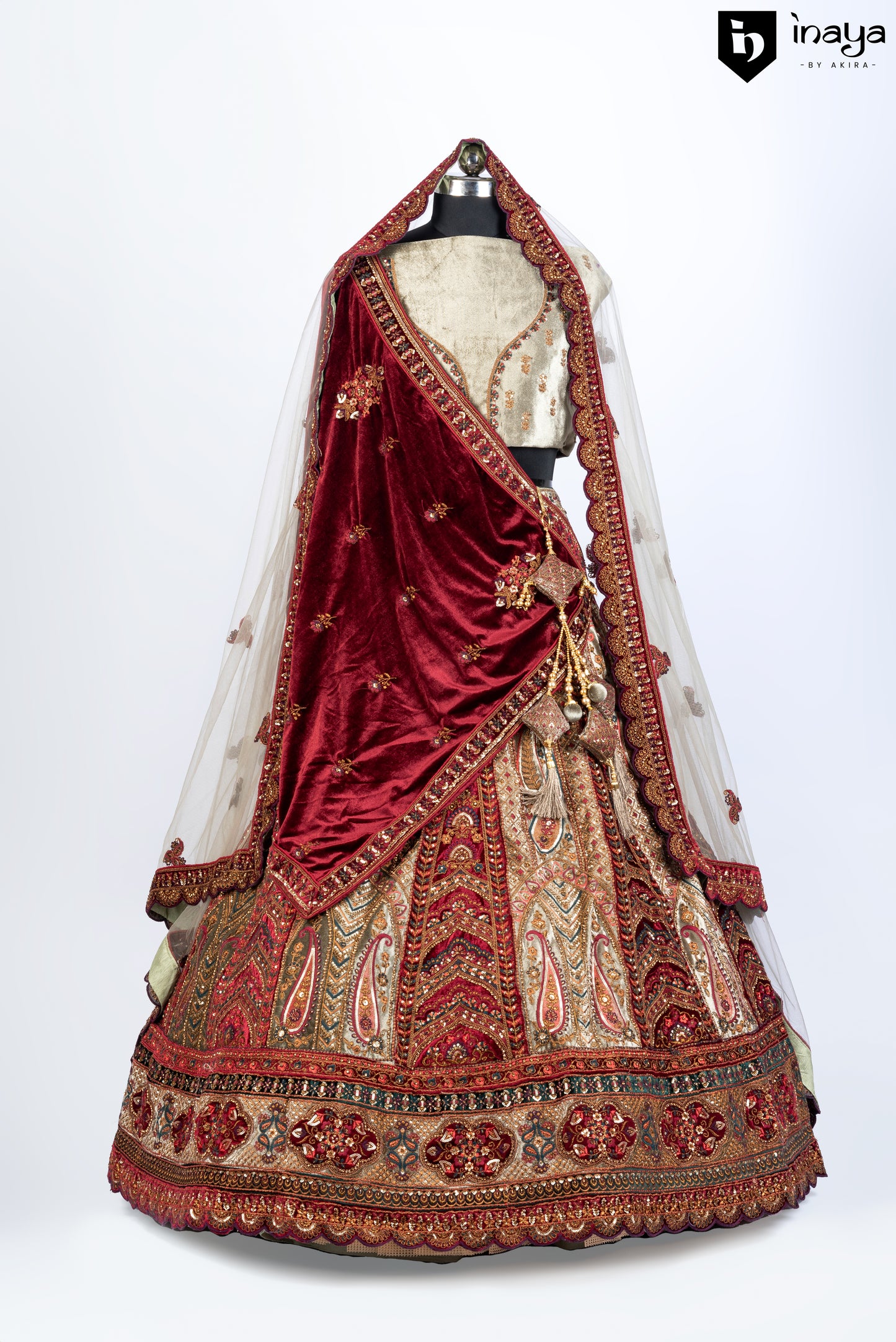 Velvet and Tulle Opulence: Burgundy Velvet Semi-Stitched Bridal Lehenga with Embroidered Tulle Dupatta