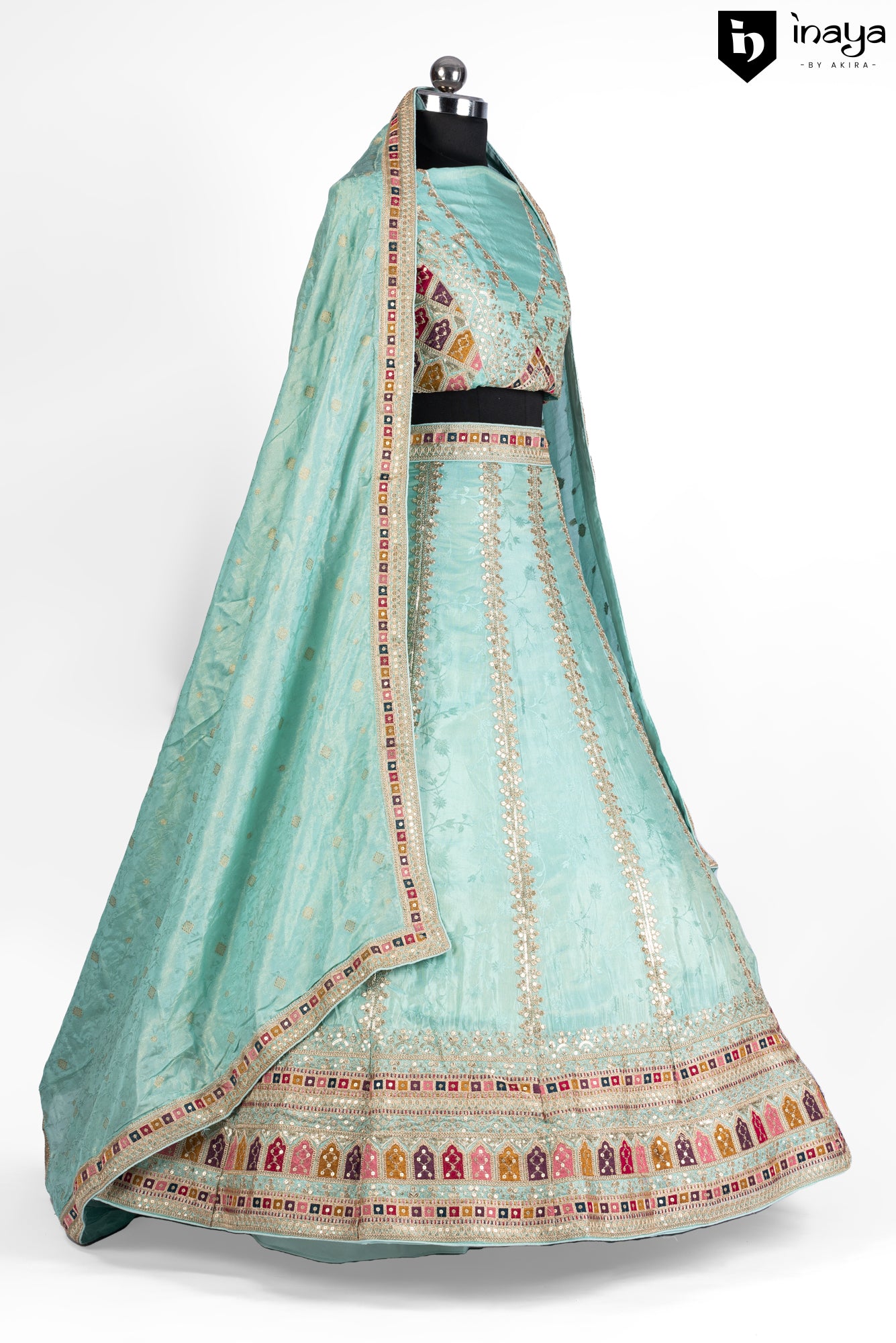 Aqua Elegance Organza Semi-Stitched Lehenga with Heritage Embroidery