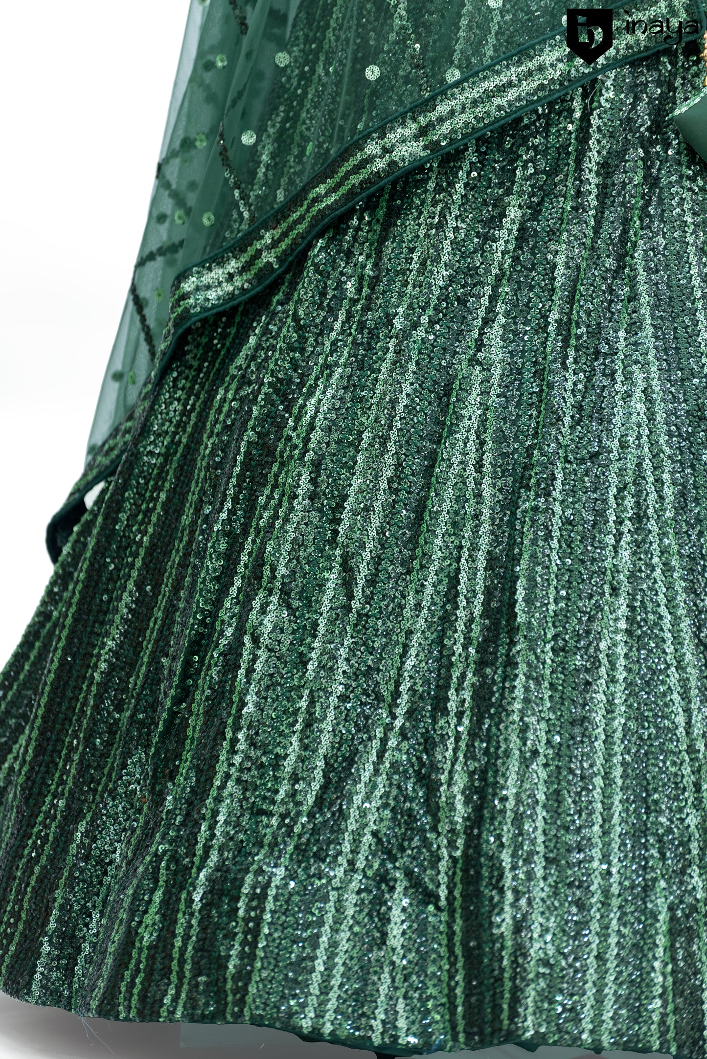 Emerald Green Shimmer Semi-Stitched Georgette Lehenga with Sheer Embellished Dupatta