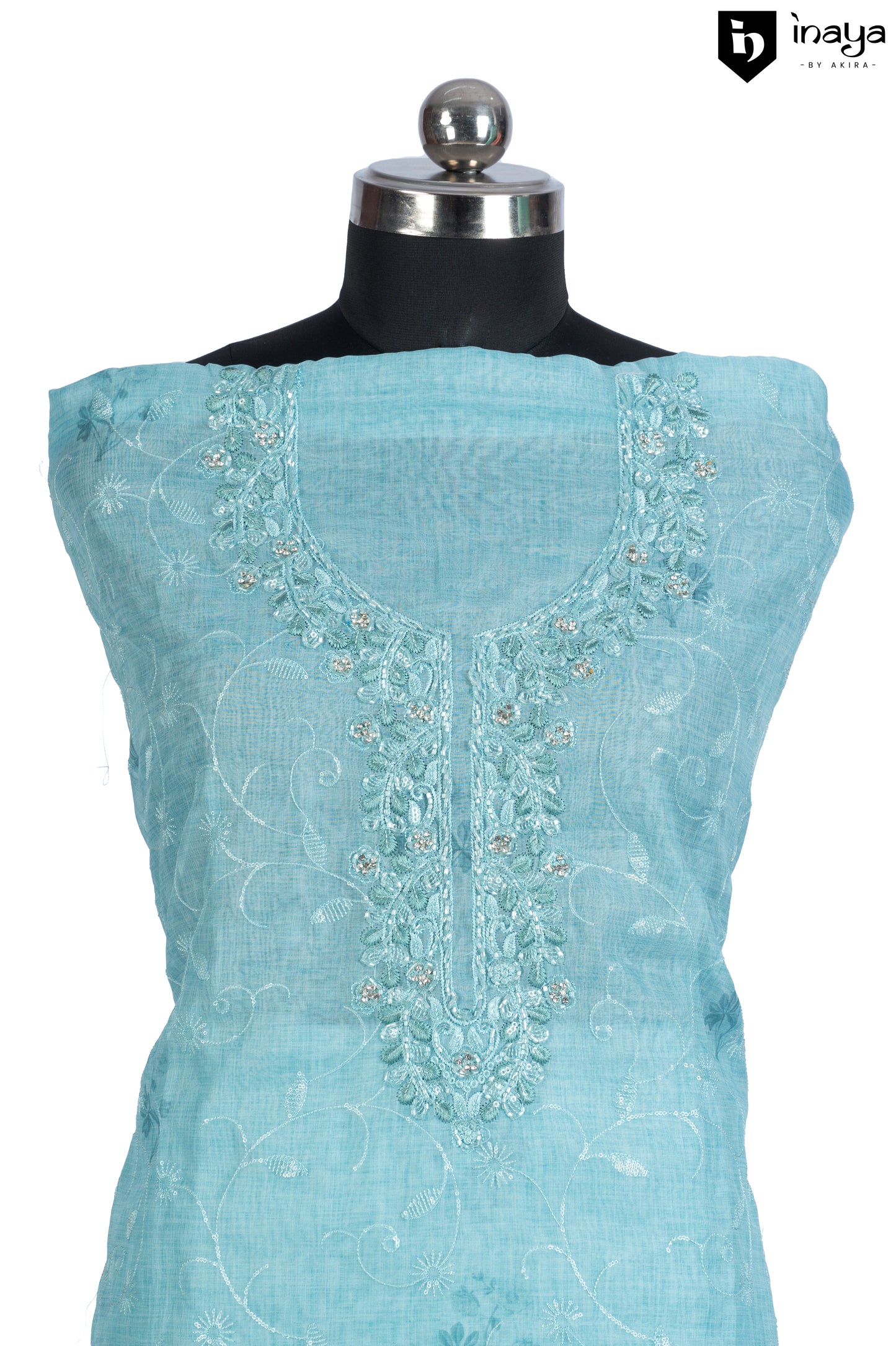 Ocean Whispers: Aqua Organza Suit Set with Embellished Detailing