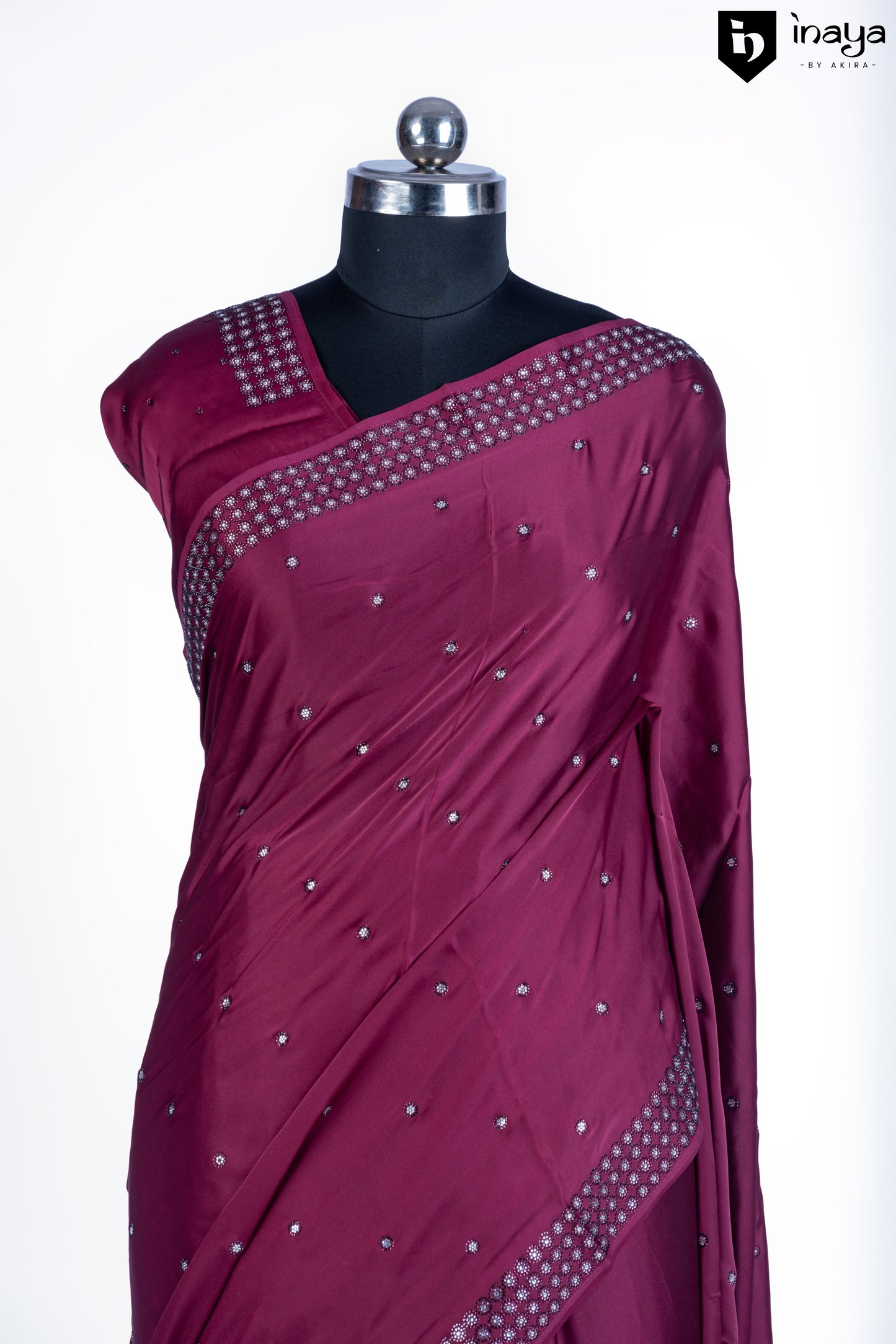 Wine Stain Crepe Saree with Elegant Mirror Work