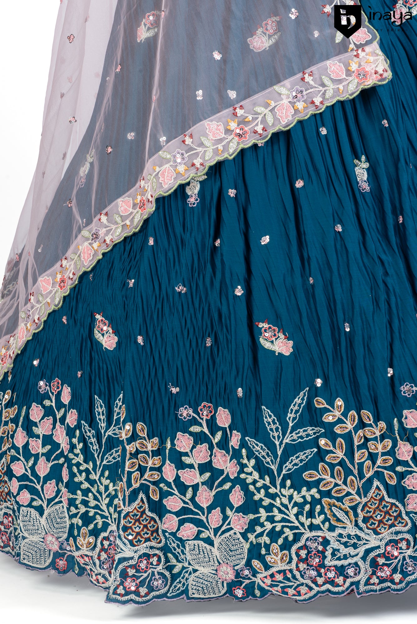 Elegant Teal Blue Crepe Silk Semi-Stitched Lehenga Set with Embroidered Dupatta