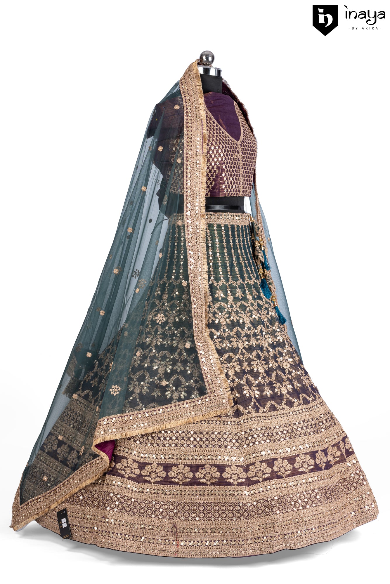 Mocha and Ice: Mocha Raw Silk Semi-Stitched Bridal Lehenga with Ice Blue Dupatta