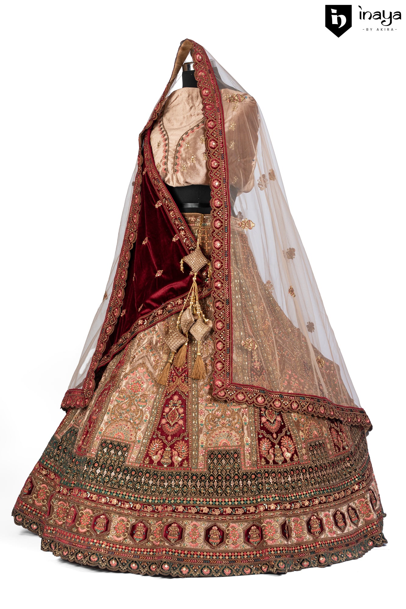 Regal Maroon Velvet Semi-Stitched Bridal Lehenga with Golden Embroidery