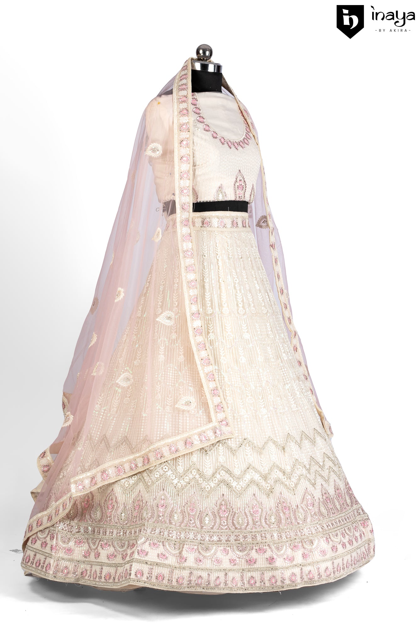 Vintage Vanilla: Vanilla Net Semi-Stitched Lehenga with Pink Floral Embroidery