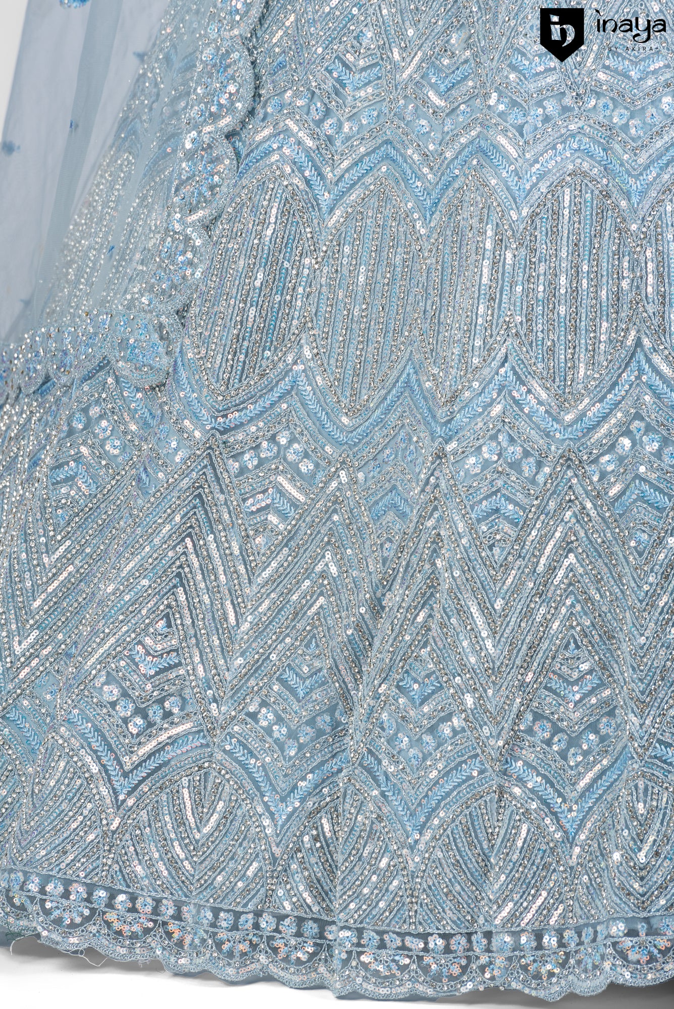 Icy Elegance: Ice Blue Net Semi-Stitched Lehenga with Crystal Embellishments