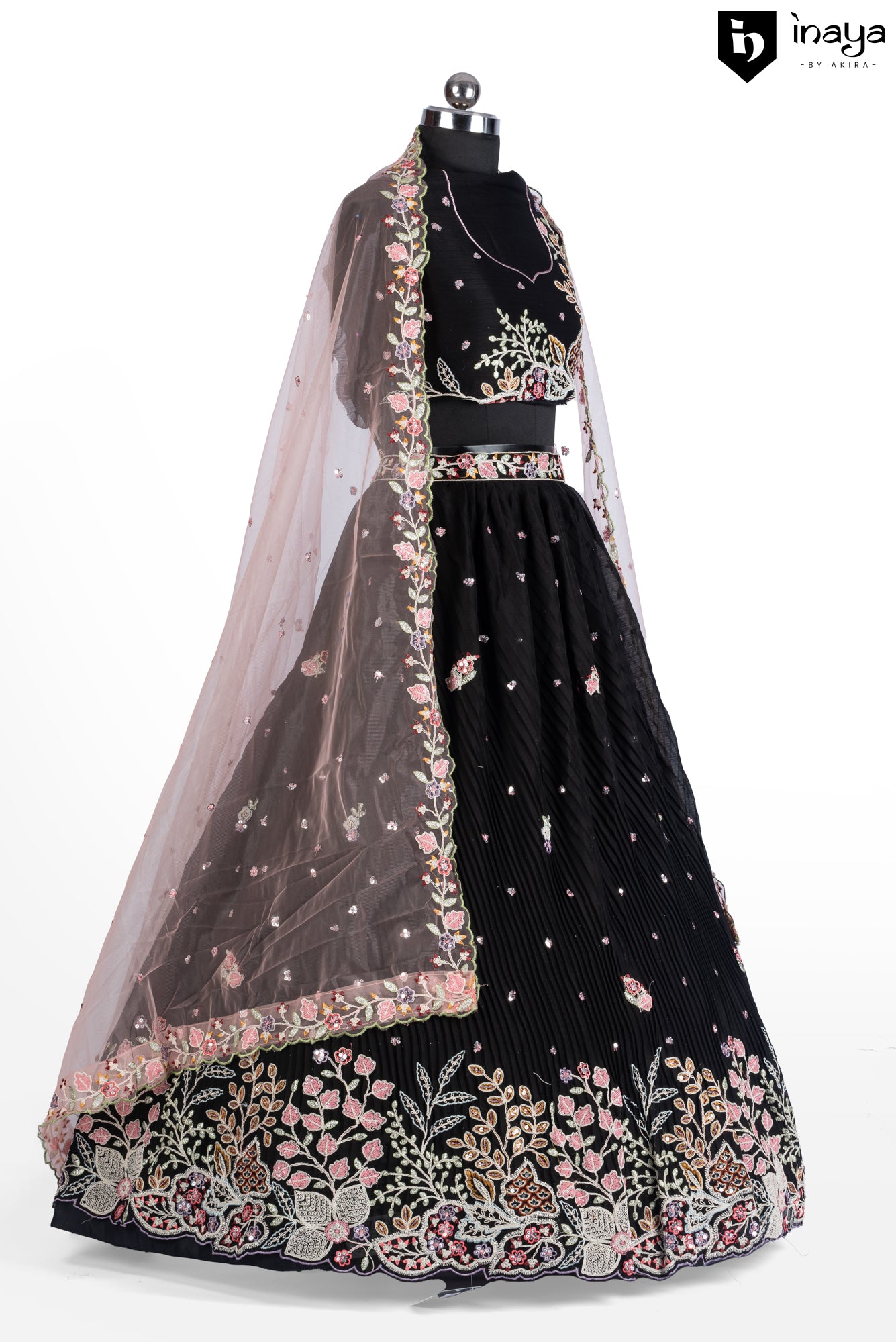 Elegant Black Crepe Silk Semi-Stitched Lehenga Set with Embroidered Dupatta