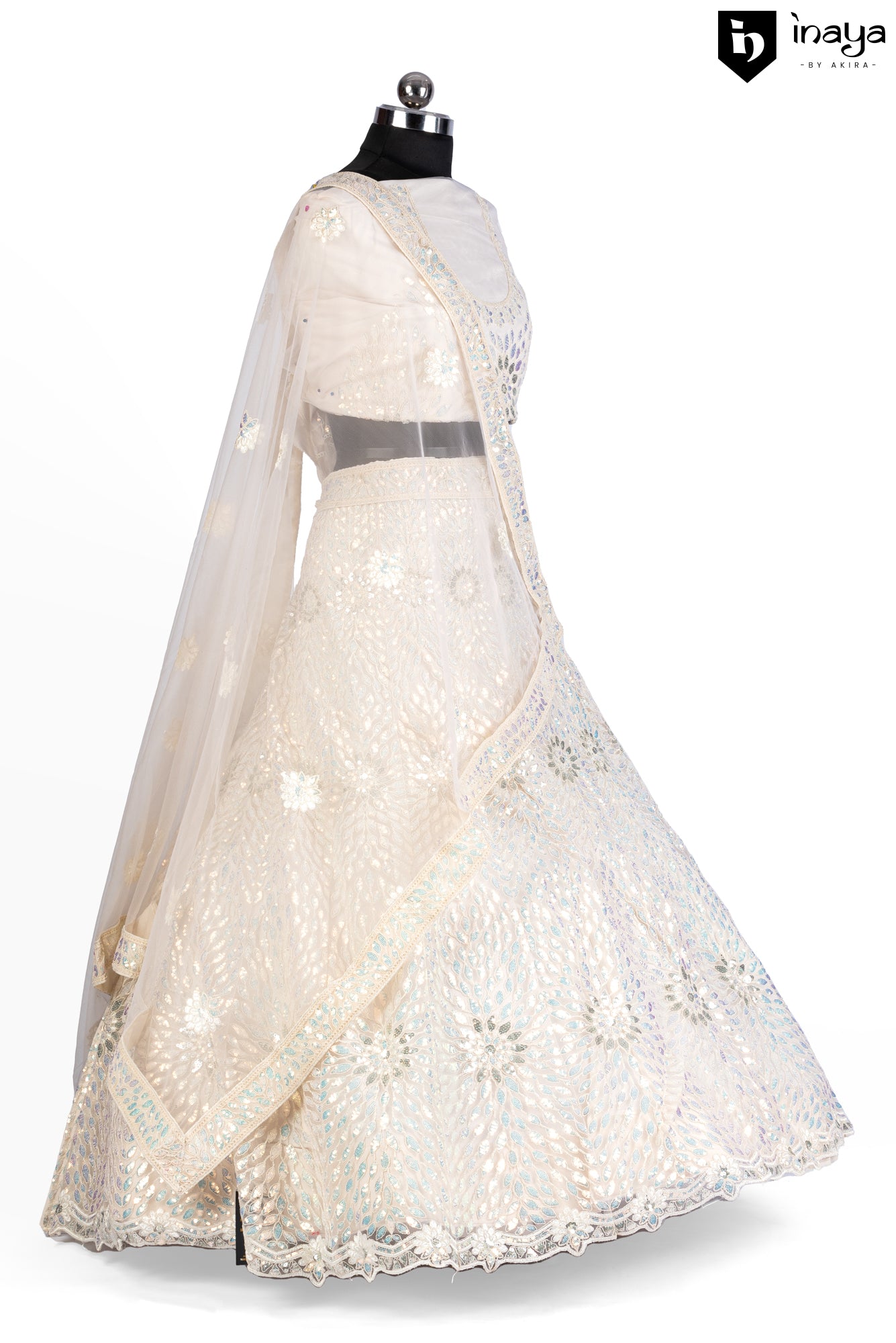 Iridescent Ivory: Ivory Net Semi-Stitched Lehenga with Crystal Embellishments