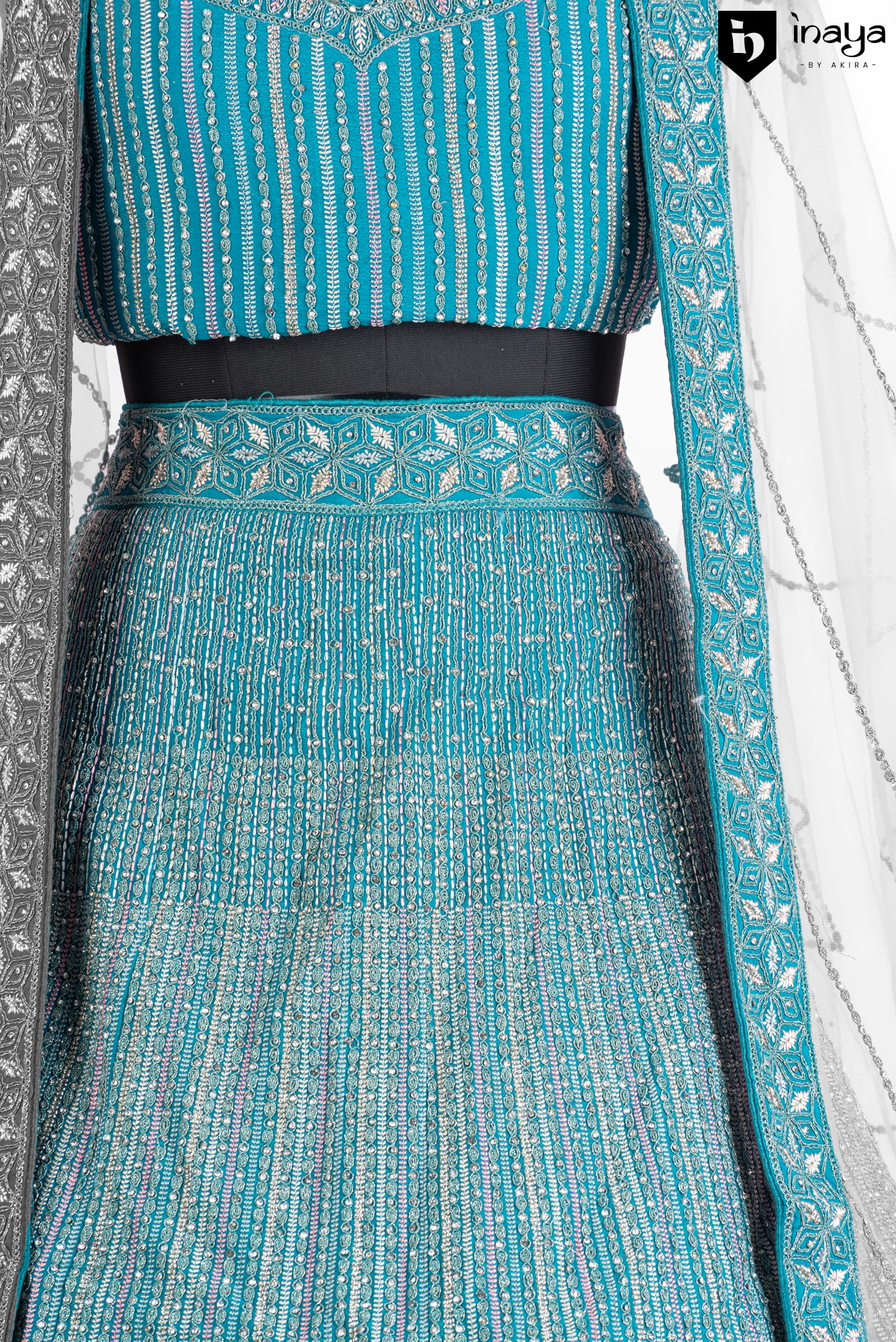 Turquoise Twilight: Turquoise Georgette Semi-Stitched Lehenga with Luminous Embroidery