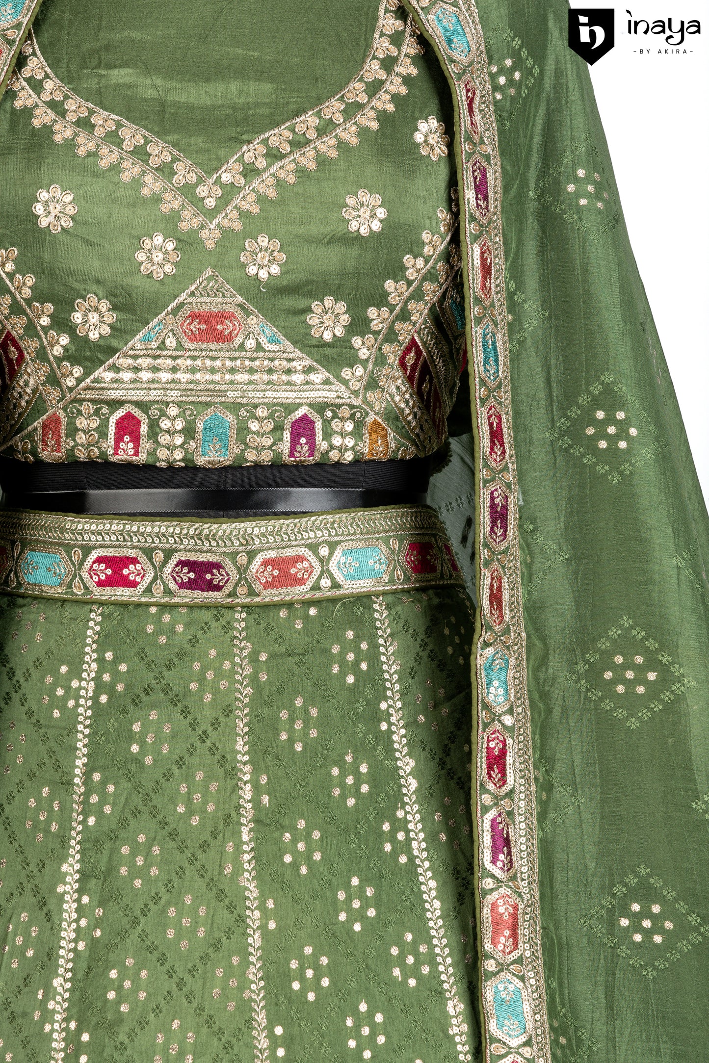 Regal Splendor: Majestic Emerald Green Bandhani Georgette Semi-Stitched Lehenga