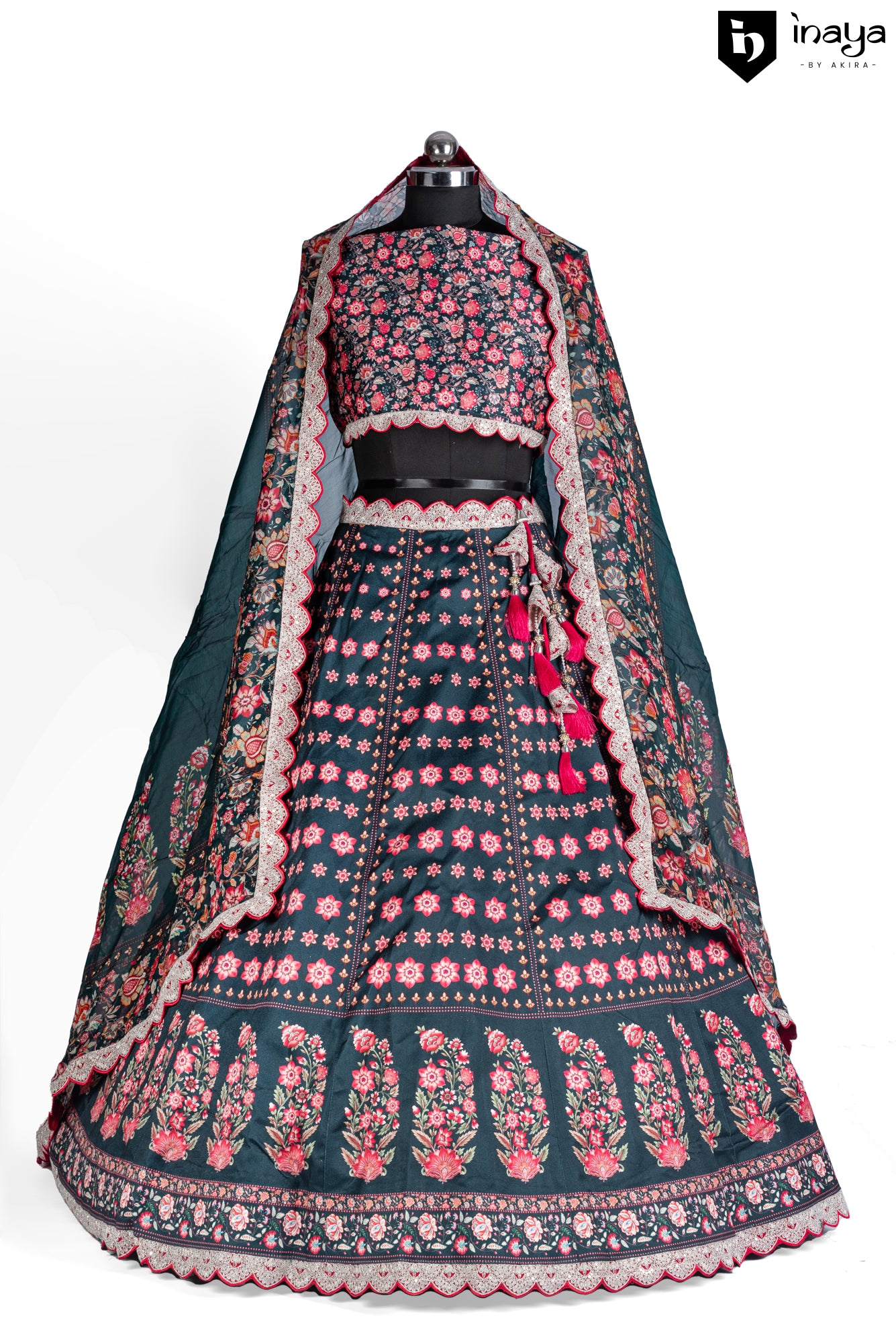 Indigo Impressions: Indigo Raw Silk Semi-Stitched Lehenga with Floral Embroidery