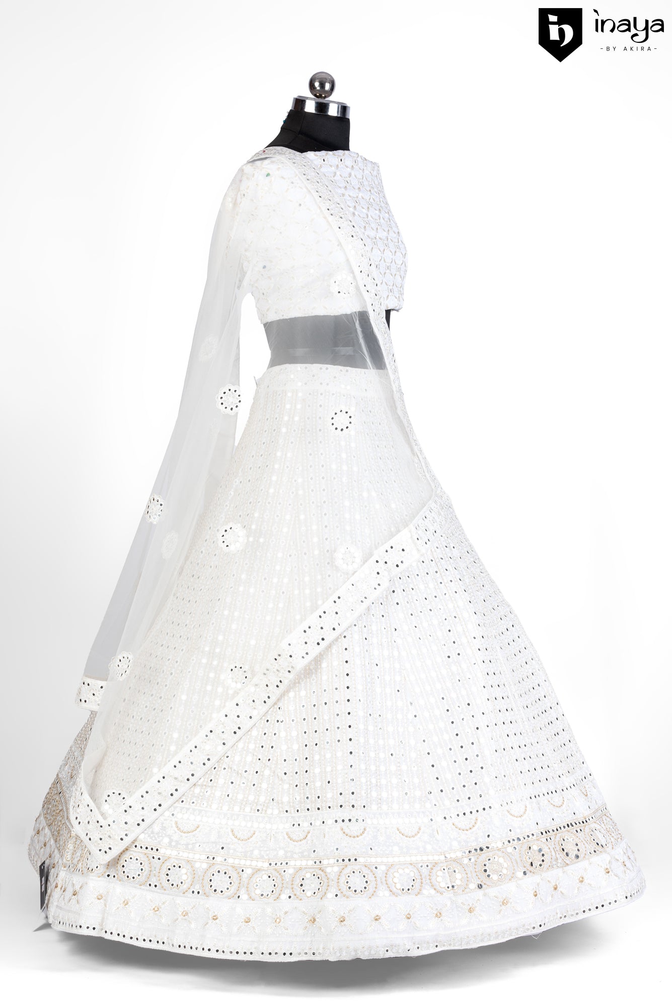 Timeless Allure: Classic White Georgette Semi-Stitched Lehenga with Mirror Work