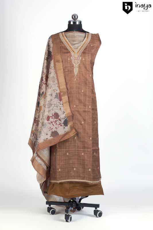 Rustic Elegance Raw Silk Suit Set with Floral Dupatta