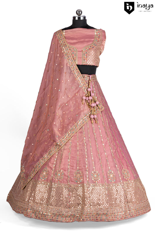 Dusty Rose Elegance: Dusty Rose French Crepe Silk Semi-Stitched Bridal Lehenga with Net Dupatta