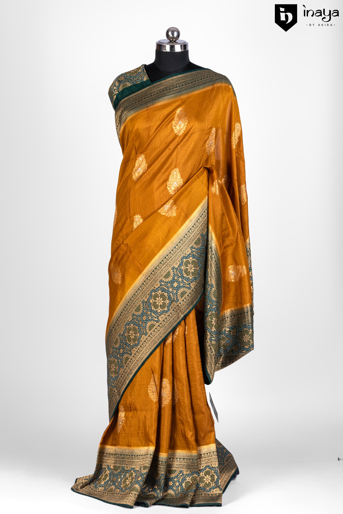 Golden Mustard Banarasi Silk Saree with Teal Embellishments