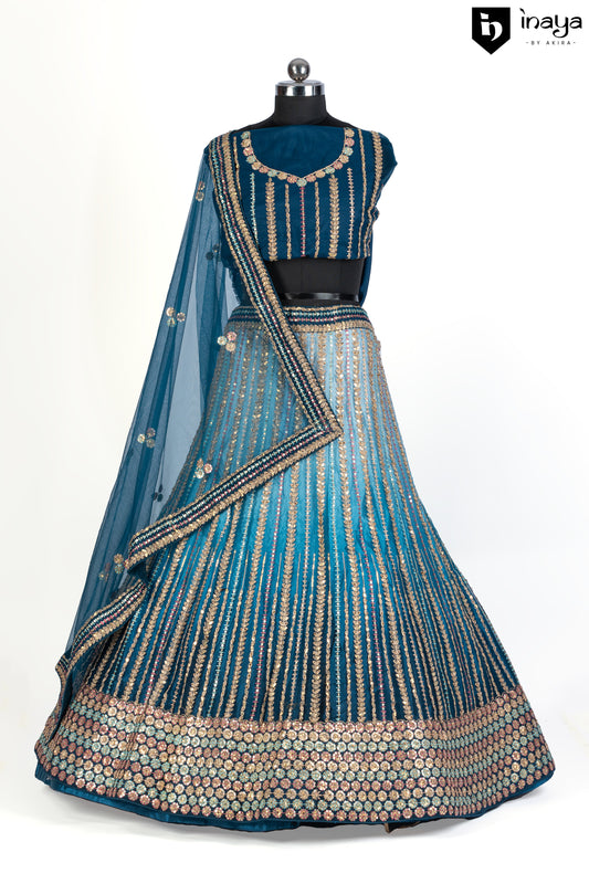 Blue Semi-Stitched Lehenga with Metallic Accents