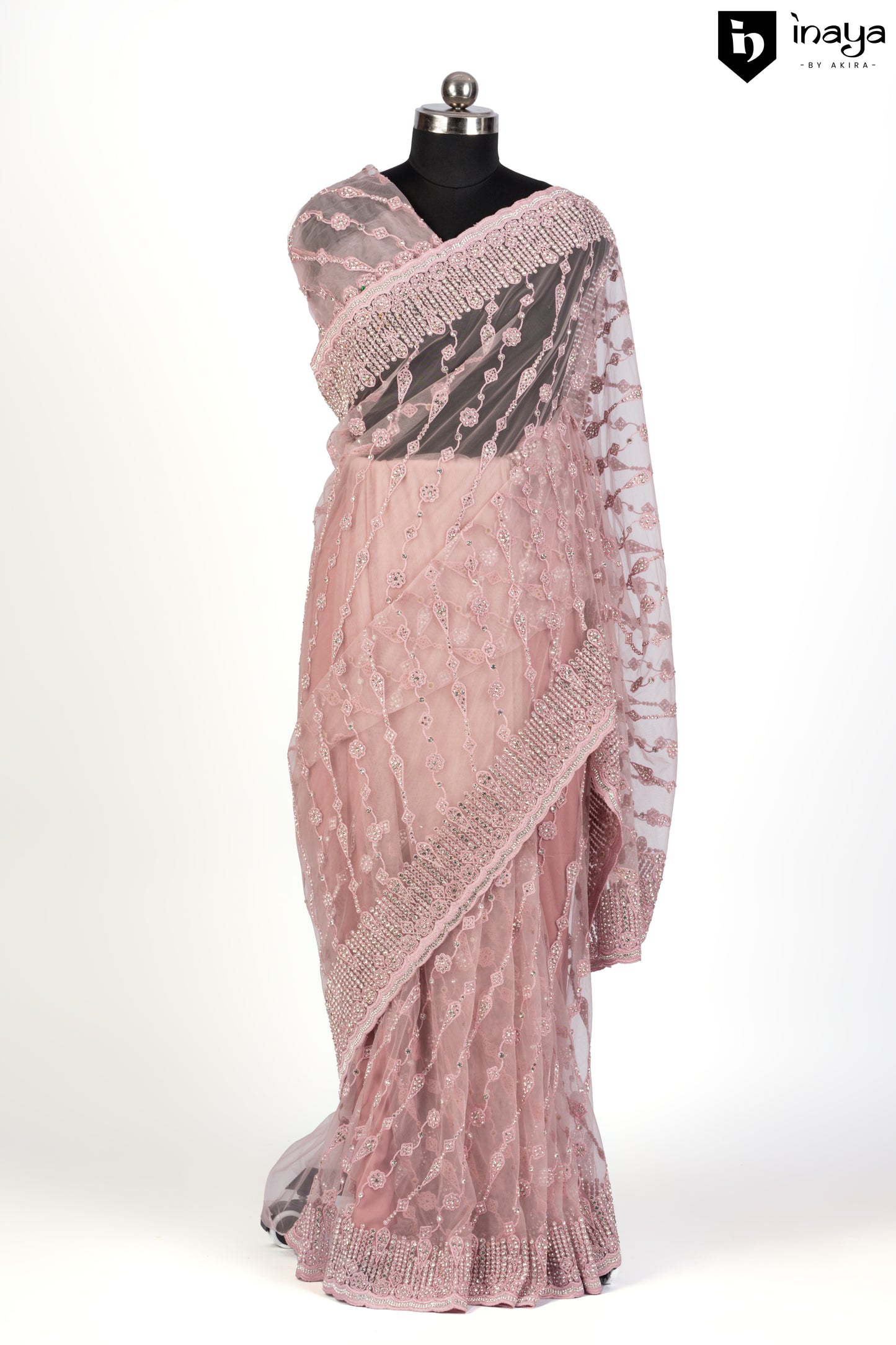 Ethereal Blush Pink Net Saree with Sequined Embellishments